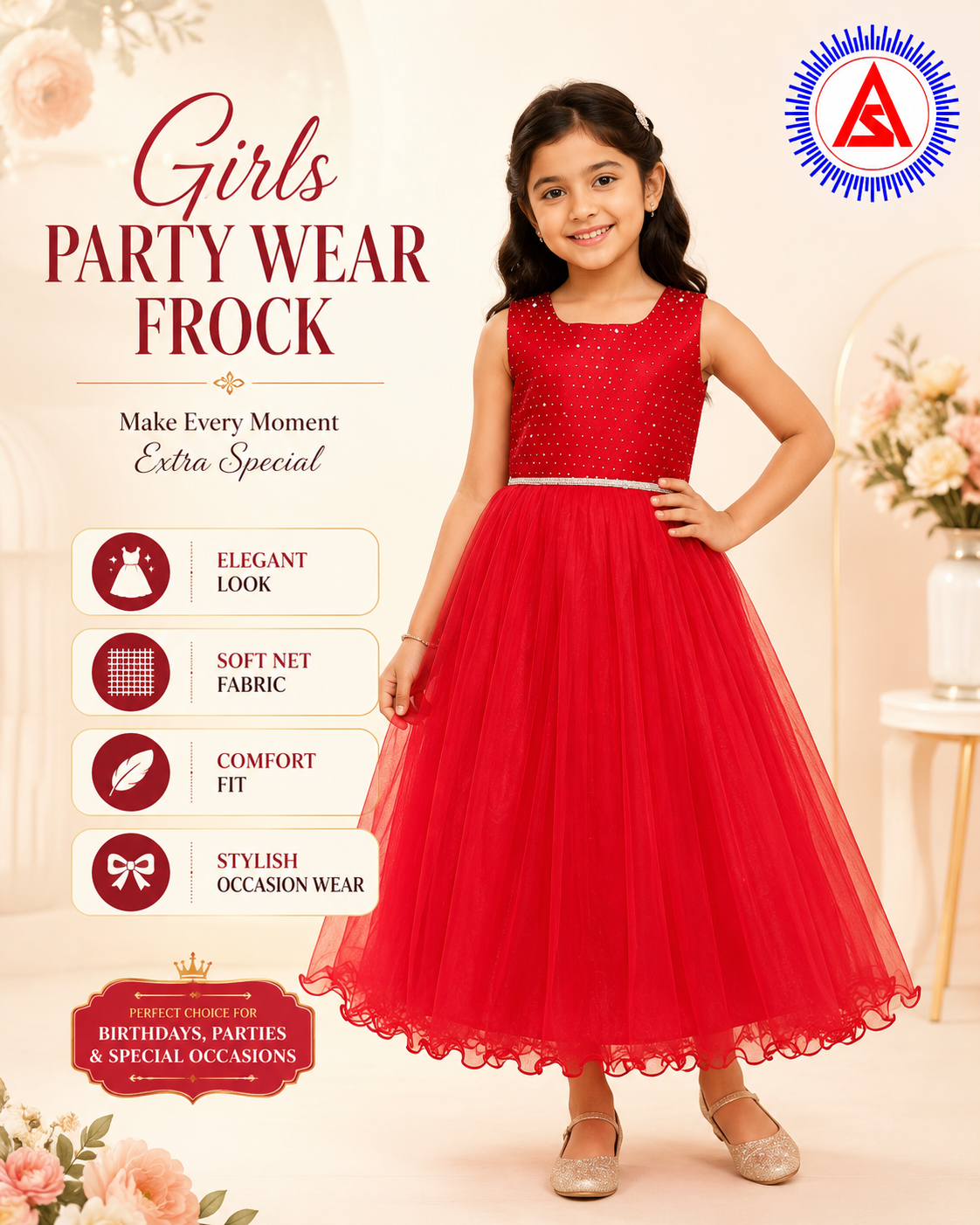 Girls Plain Fancy Long Frock with Short Sleeves – Annual Day Dress