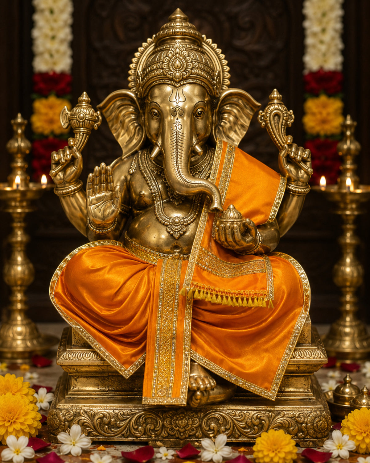 Ganesh Ji & Standing Krishna Idol Panchakacham Dhoti Towel Dress Set Orange