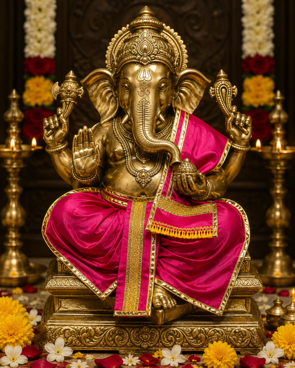 Ganesh Ji & Standing Krishna Idol Panchakacham Dhoti Towel Dress Set Rani Pink