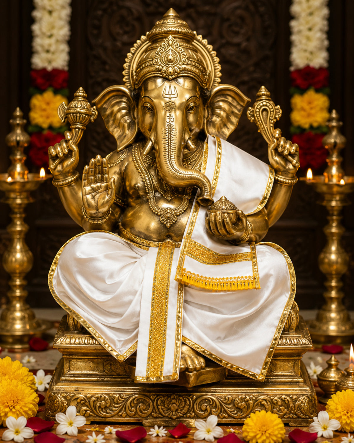 Ganesh Ji & Standing Krishna Idol Panchakacham Dhoti Towel Dress Set White