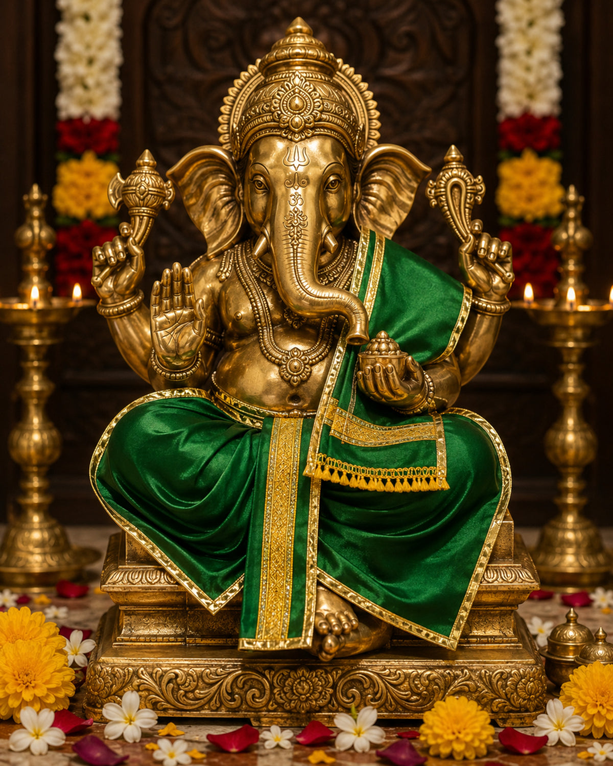 Ganesh Ji & Standing Krishna Idol Panchakacham Dhoti Towel Dress Set Green