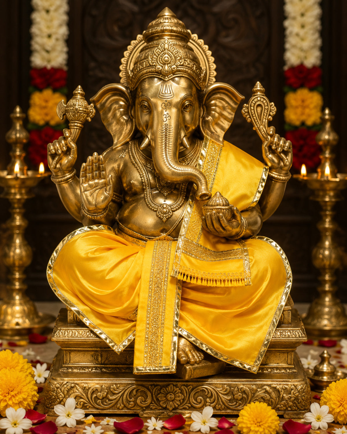 Ganesh Ji & Standing Krishna Idol Panchakacham Dhoti Towel Dress Set Yellow