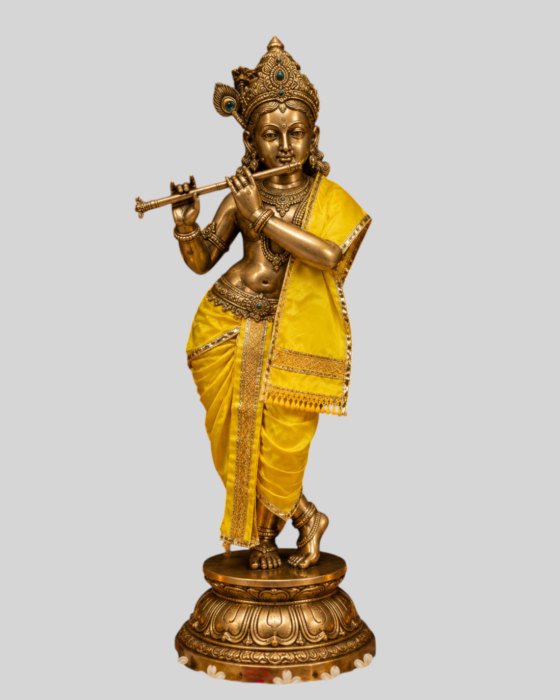 Ganesh Ji & Standing Krishna Idol Panchakacham Dhoti Towel Dress Set Yellow