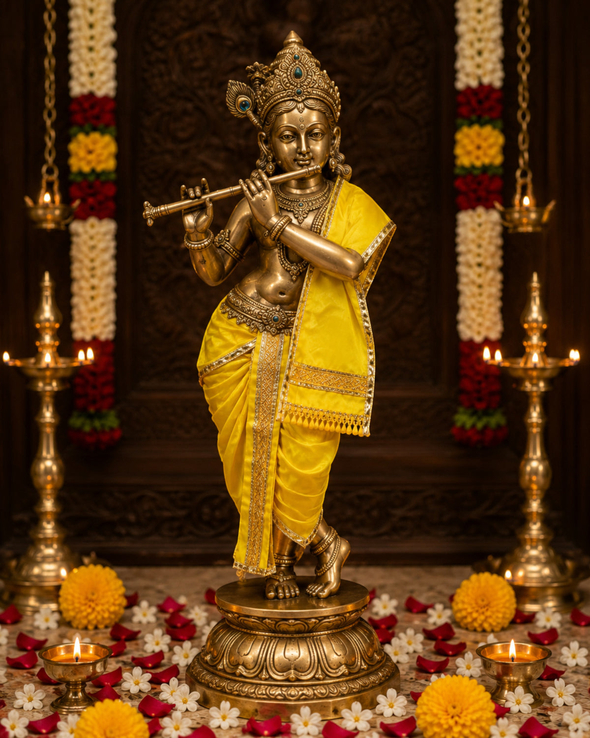 Ganesh Ji & Standing Krishna Idol Panchakacham Dhoti Towel Dress Set Yellow