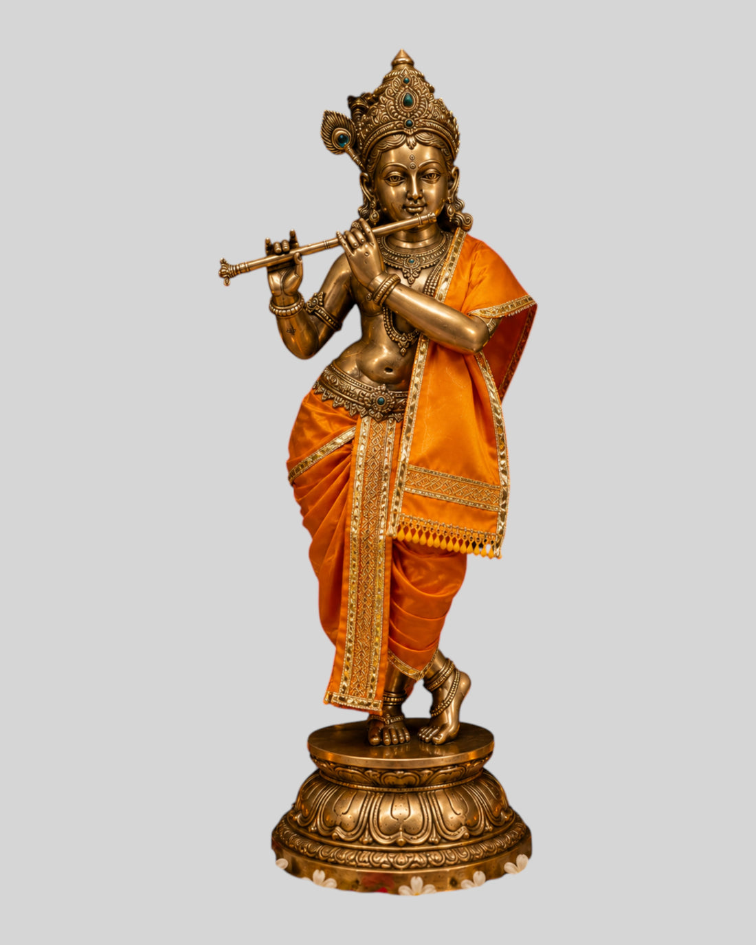 Ganesh Ji & Standing Krishna Idol Panchakacham Dhoti Towel Dress Set Orange