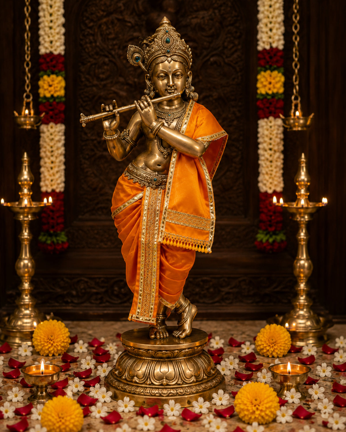 Ganesh Ji & Standing Krishna Idol Panchakacham Dhoti Towel Dress Set Orange