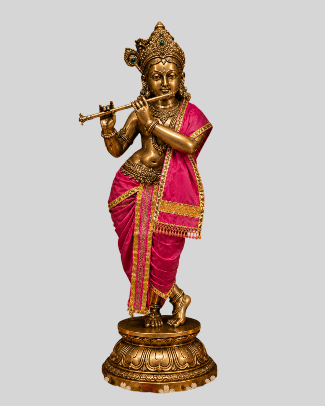 Ganesh Ji & Standing Krishna Idol Panchakacham Dhoti Towel Dress Set Rani Pink
