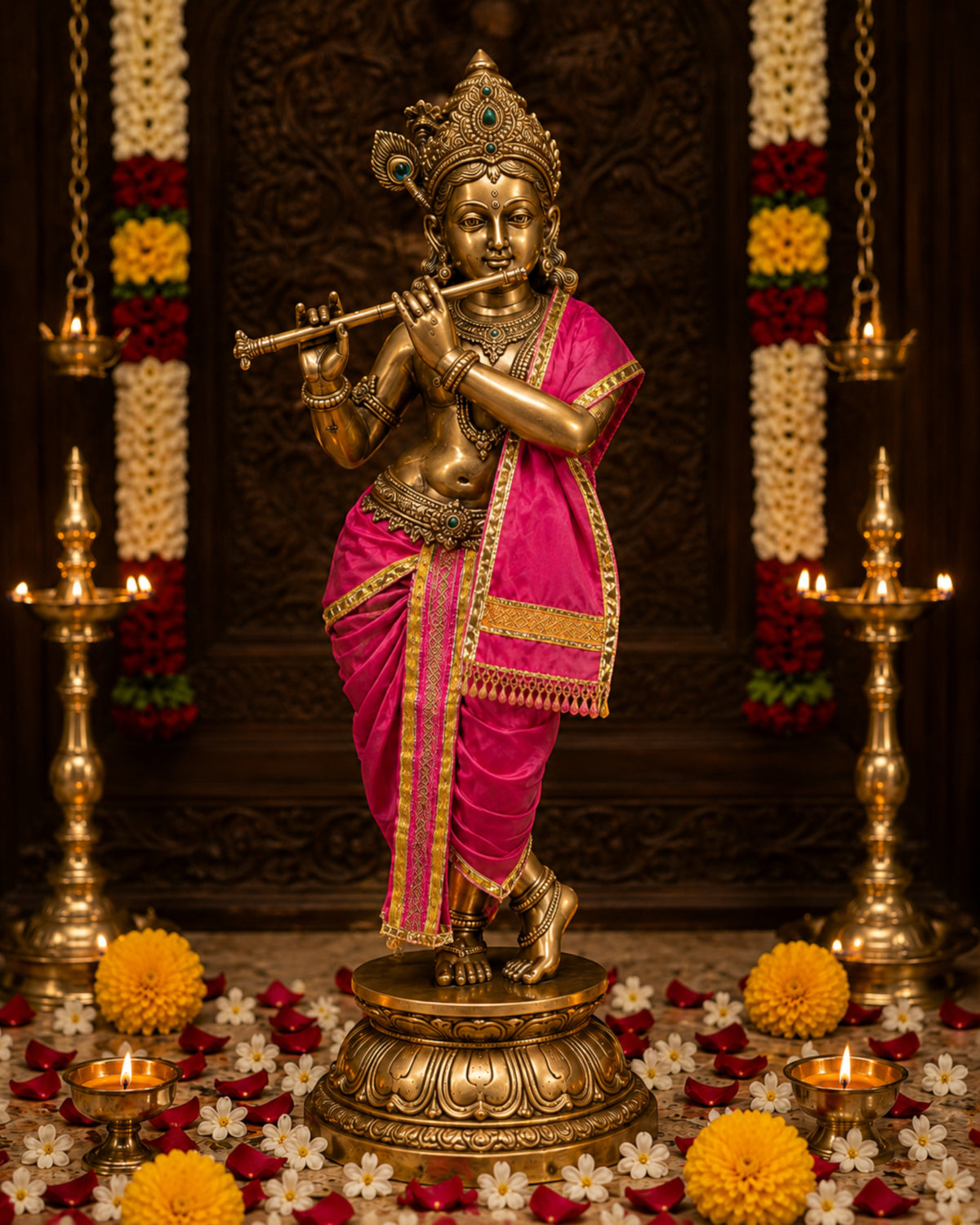Ganesh Ji & Standing Krishna Idol Panchakacham Dhoti Towel Dress Set Rani Pink