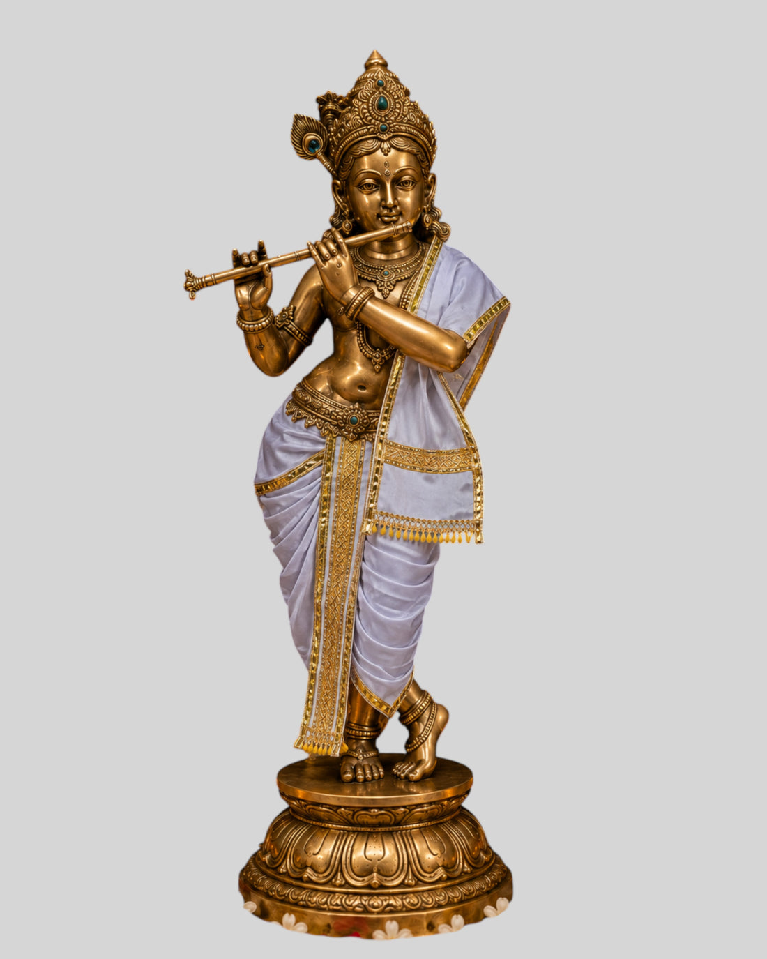 Ganesh Ji & Standing Krishna Idol Panchakacham Dhoti Towel Dress Set White