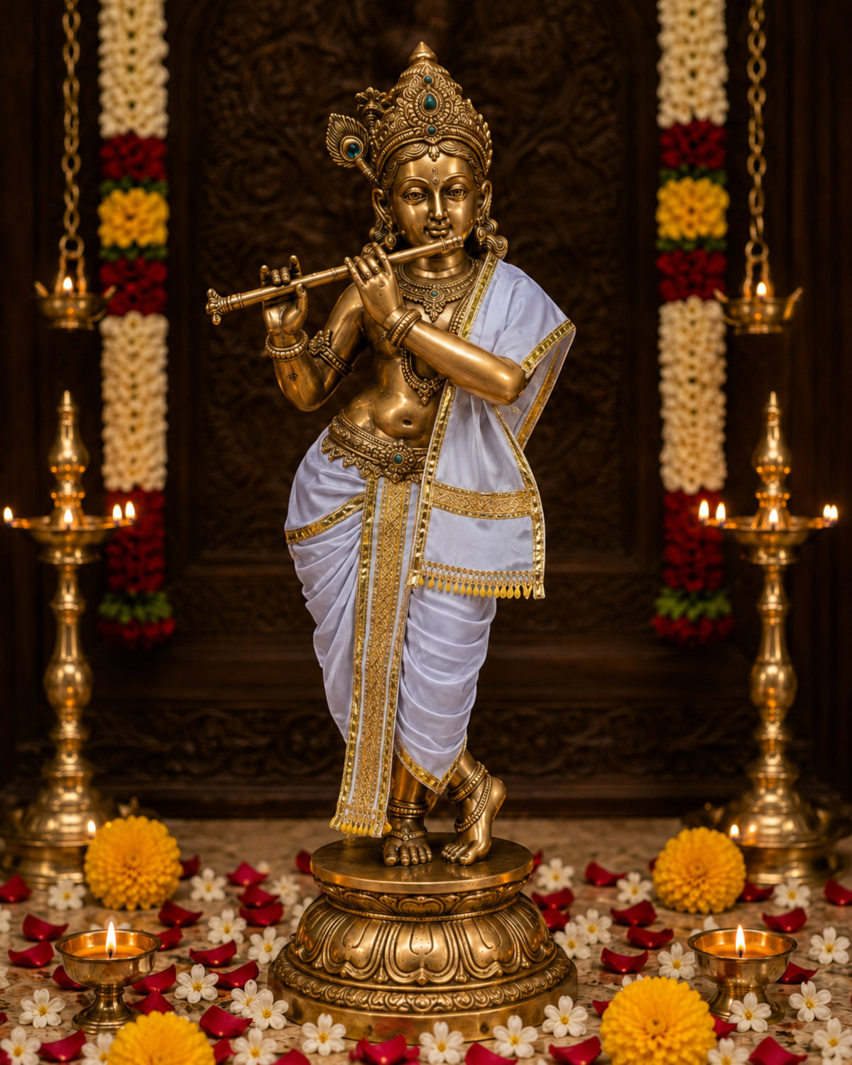 Ganesh Ji & Standing Krishna Idol Panchakacham Dhoti Towel Dress Set White