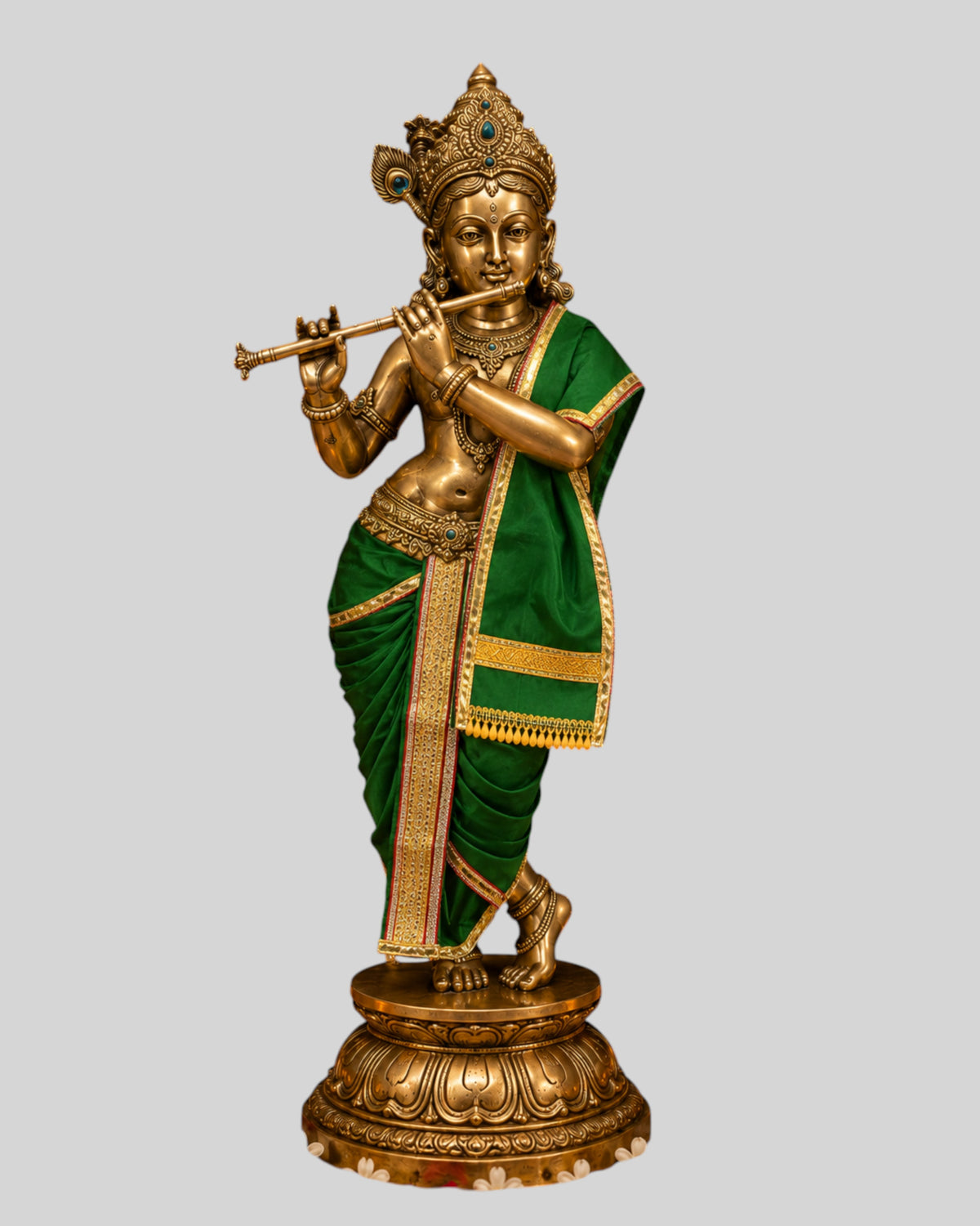Ganesh Ji & Standing Krishna Idol Panchakacham Dhoti Towel Dress Set Green