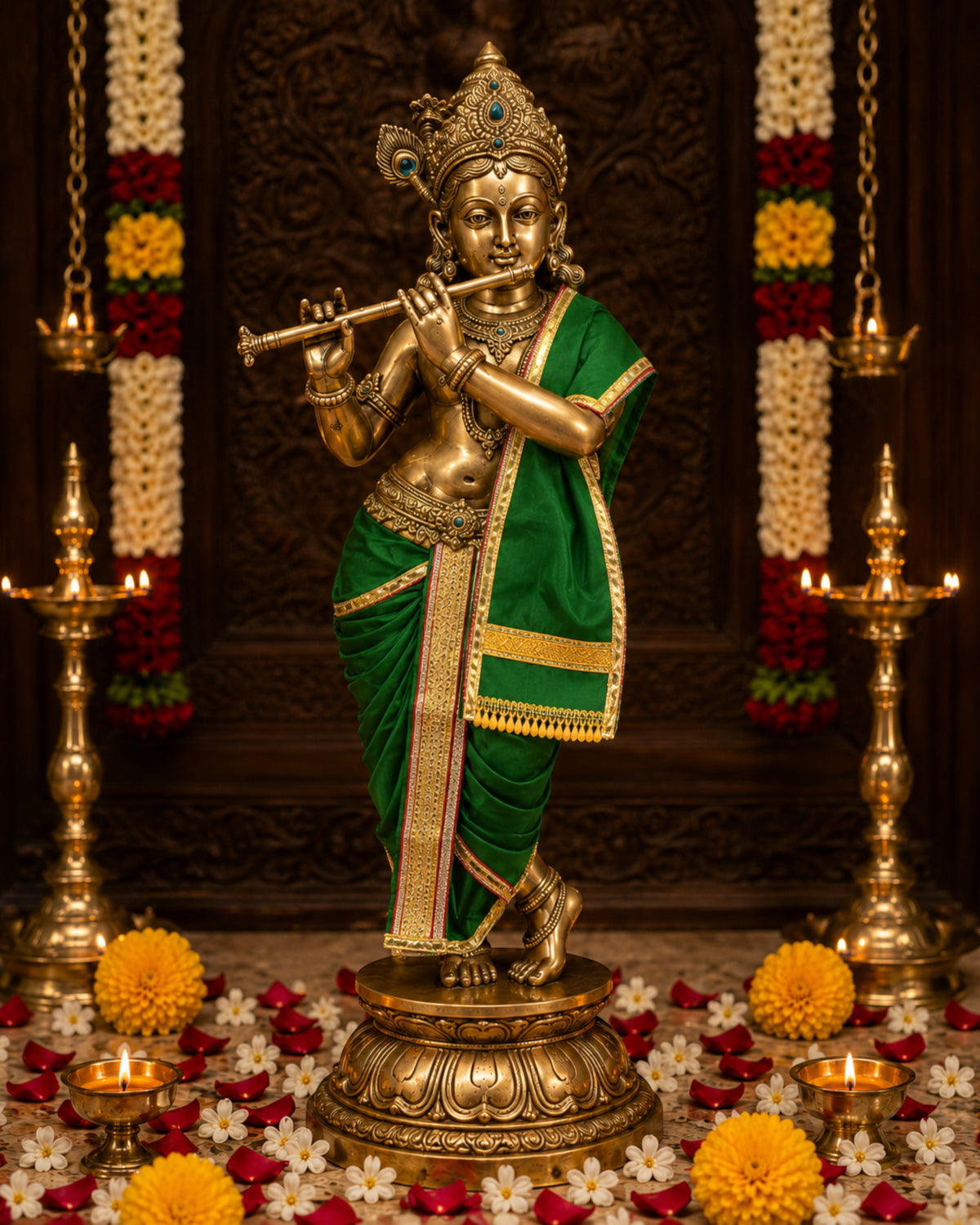 Ganesh Ji & Standing Krishna Idol Panchakacham Dhoti Towel Dress Set Green