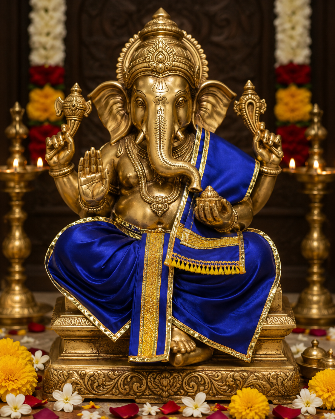Ganesh Ji & Standing Krishna Idol Panchakacham Dhoti Towel Dress Set Blue