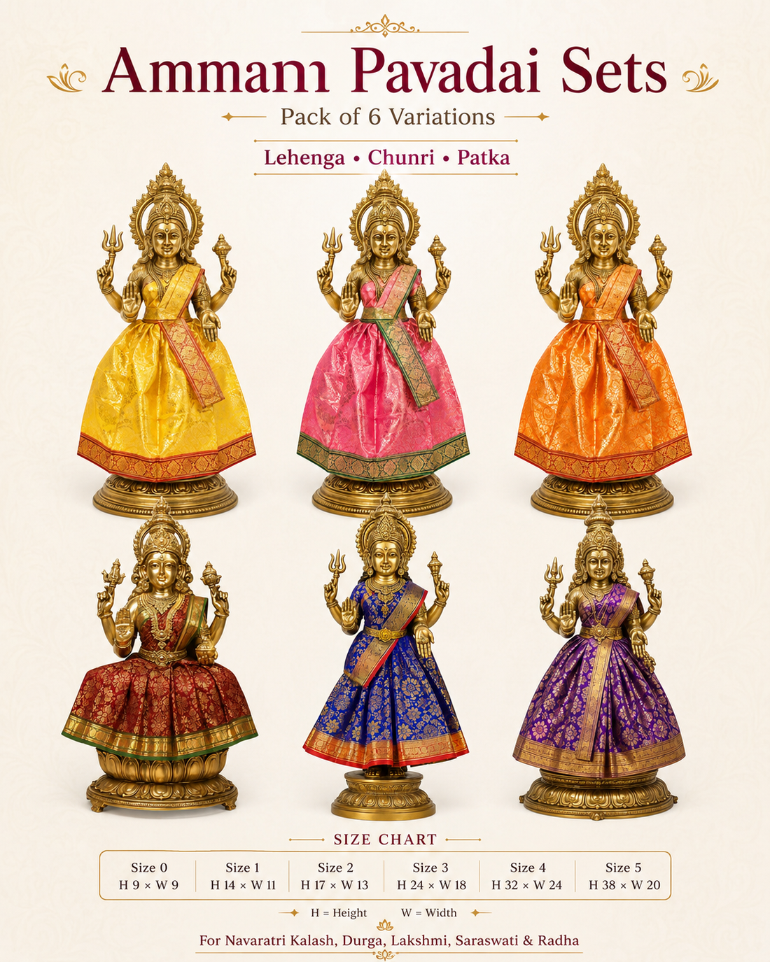 Amman Pavadai sets with lehenga, chunri and patka for Navaratri Kalash, Durga, Lakshmi, Saraswati and Radha. Packs of 3, 6 or 9.