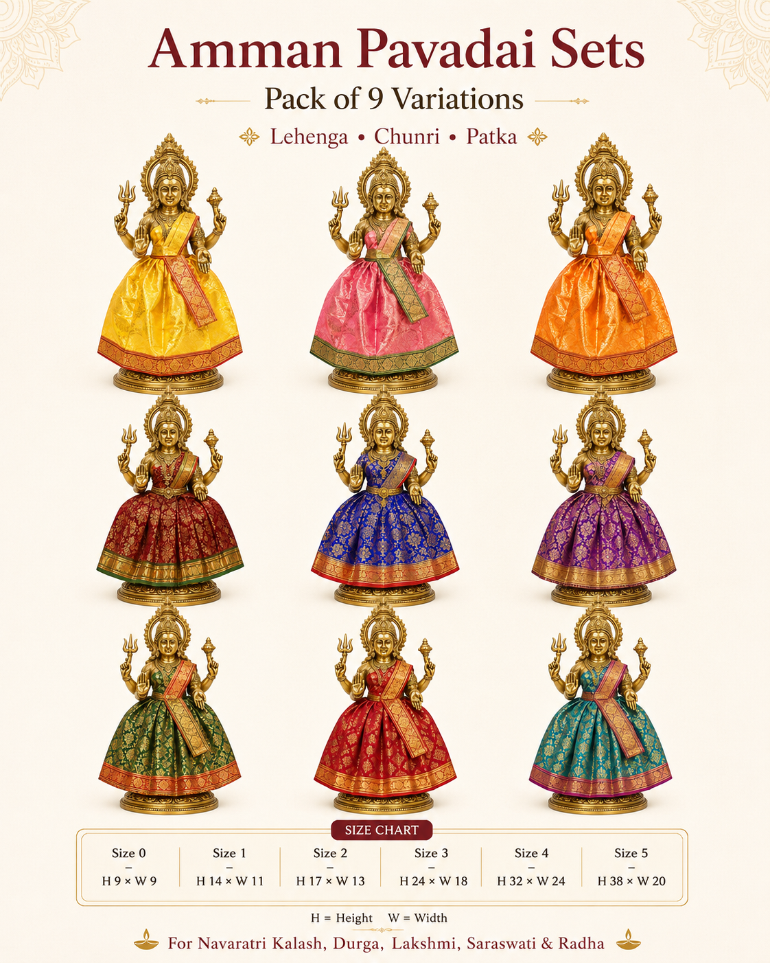 Amman Pavadai sets with lehenga, chunri and patka for Navaratri Kalash, Durga, Lakshmi, Saraswati and Radha. Packs of 3, 6 or 9.