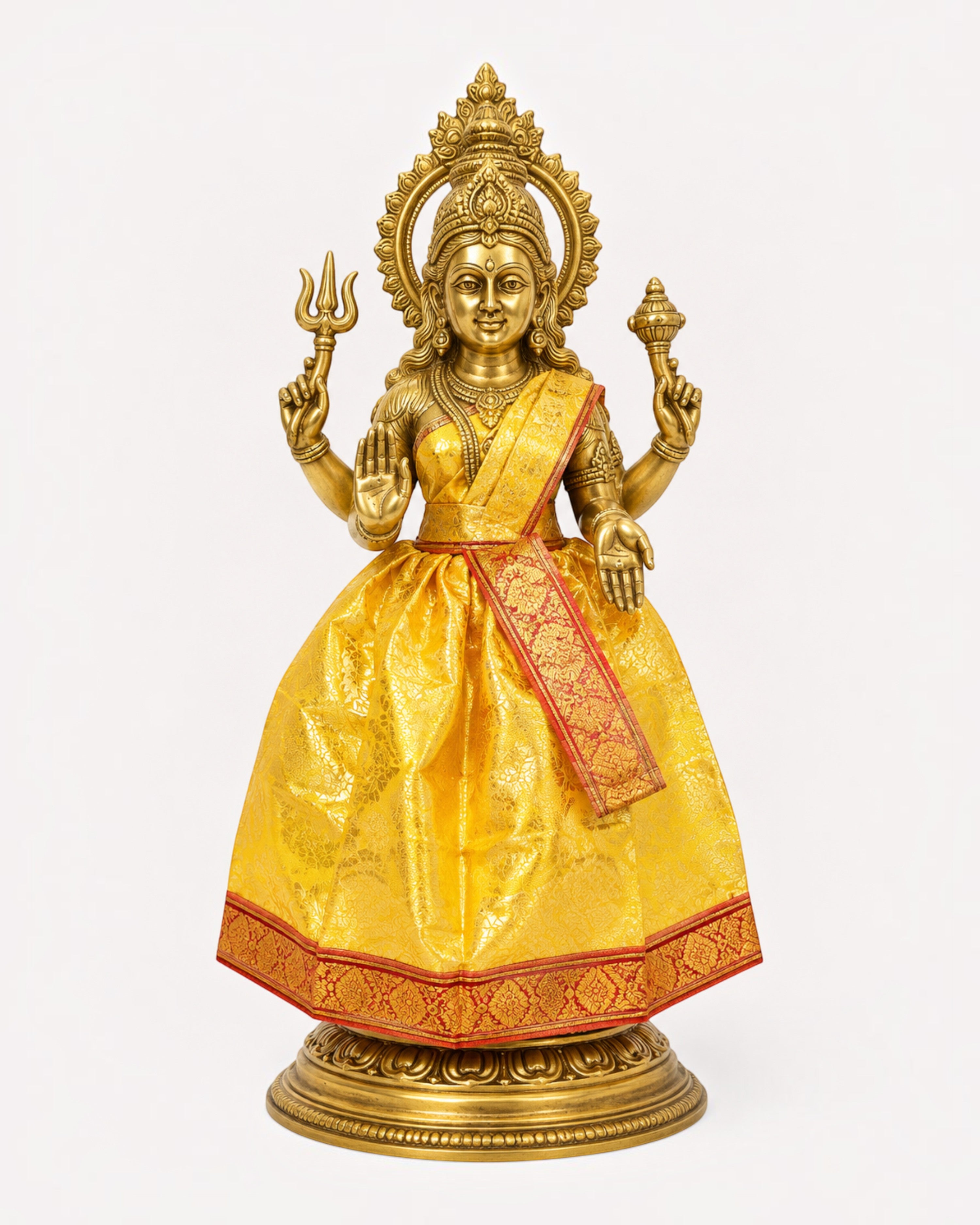 Amman Pavadai sets with lehenga, chunri and patka for Navaratri Kalash, Durga, Lakshmi, Saraswati and Radha. Packs of 3, 6 or 9.