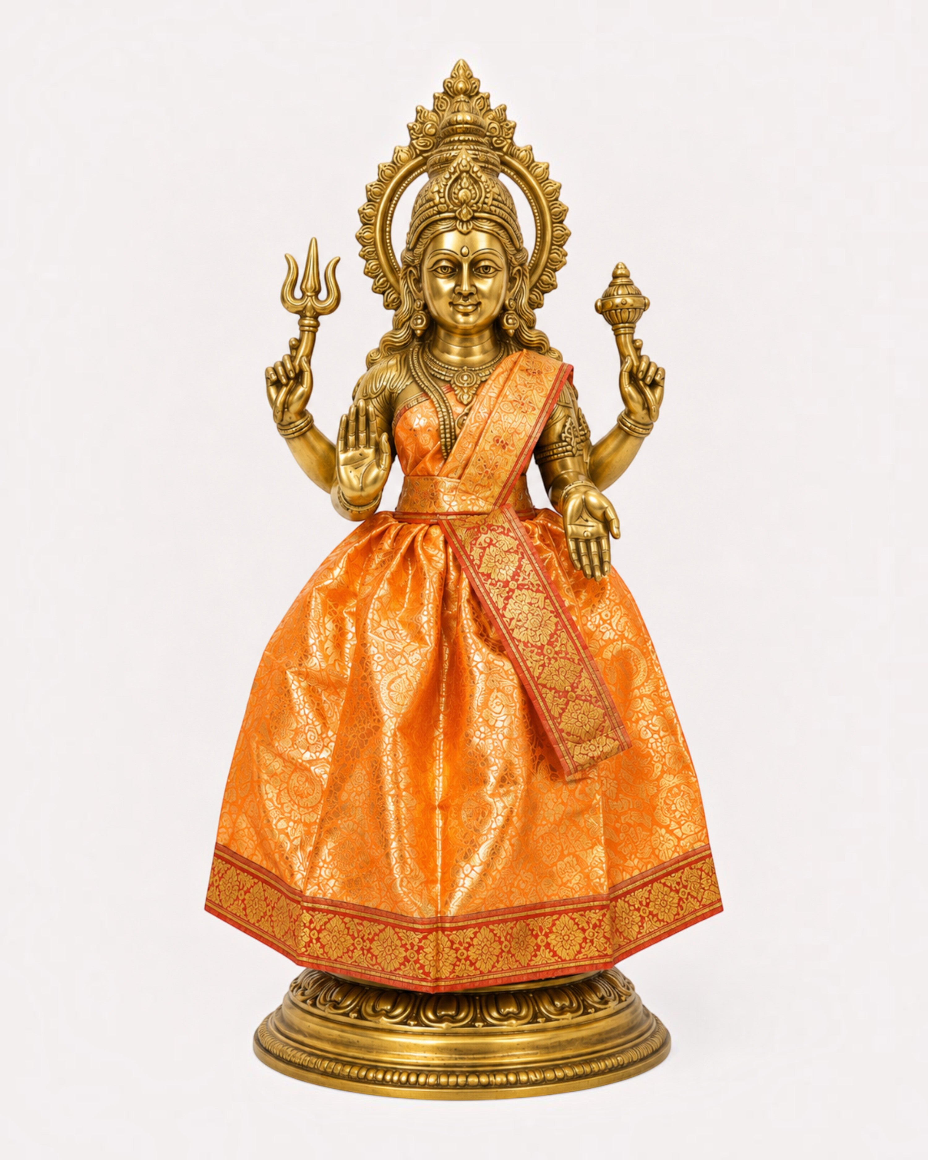 Amman Pavadai sets with lehenga, chunri and patka for Navaratri Kalash, Durga, Lakshmi, Saraswati and Radha. Packs of 3, 6 or 9.