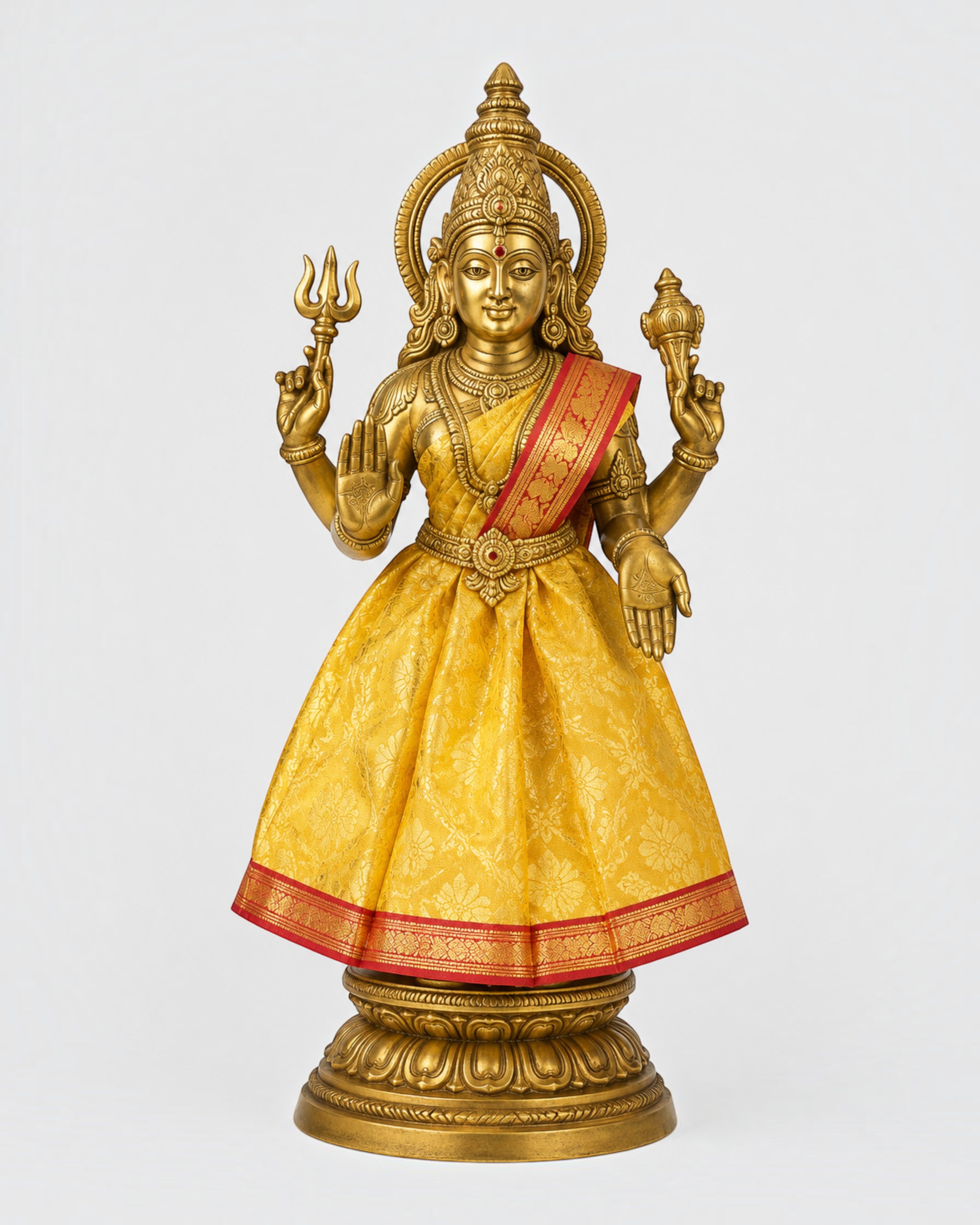Amman Pavadai sets with lehenga, chunri and patka for Navaratri Kalash, Durga, Lakshmi, Saraswati and Radha. Packs of 3, 6 or 9.