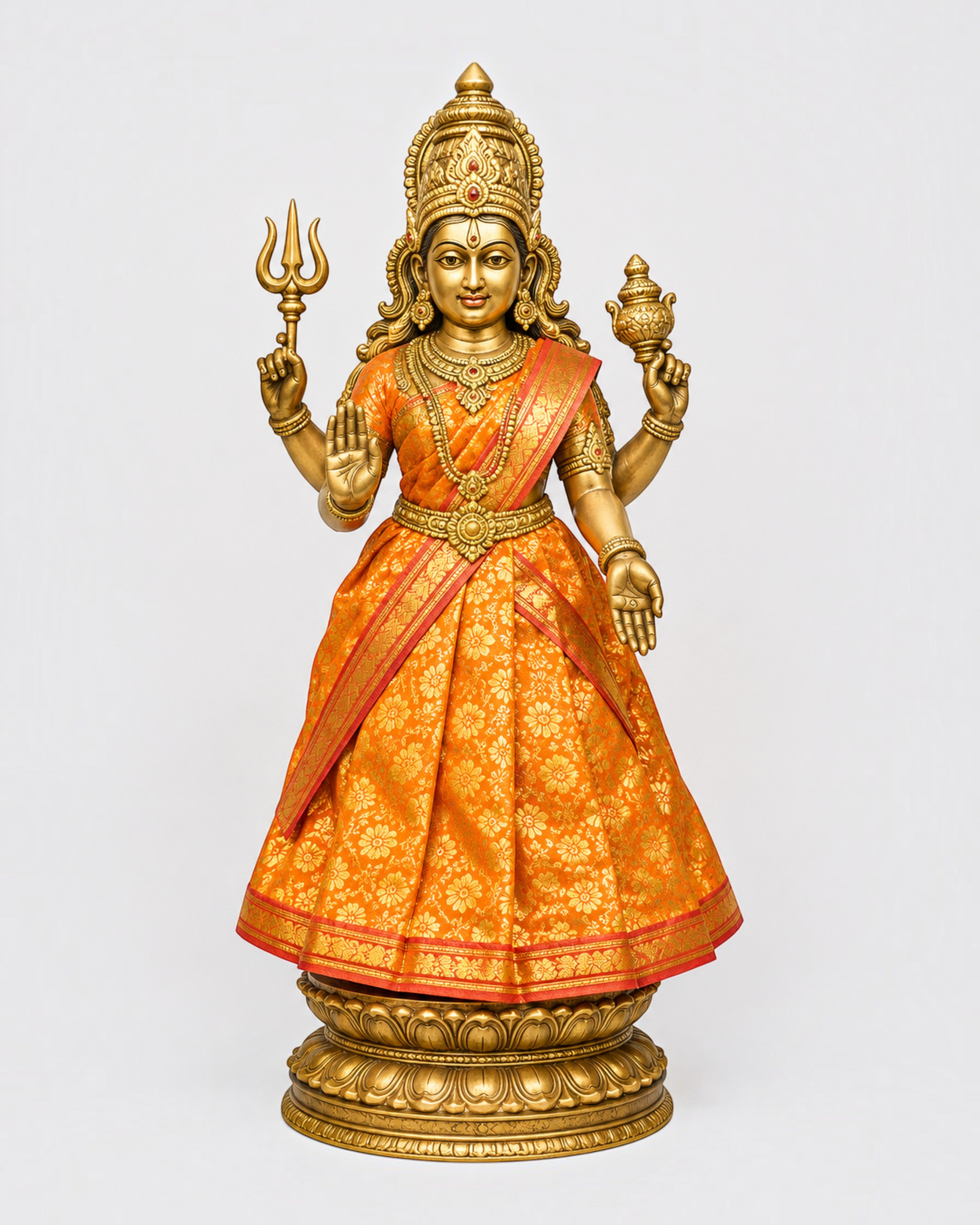 Amman Pavadai sets with lehenga, chunri and patka for Navaratri Kalash, Durga, Lakshmi, Saraswati and Radha. Packs of 3, 6 or 9.
