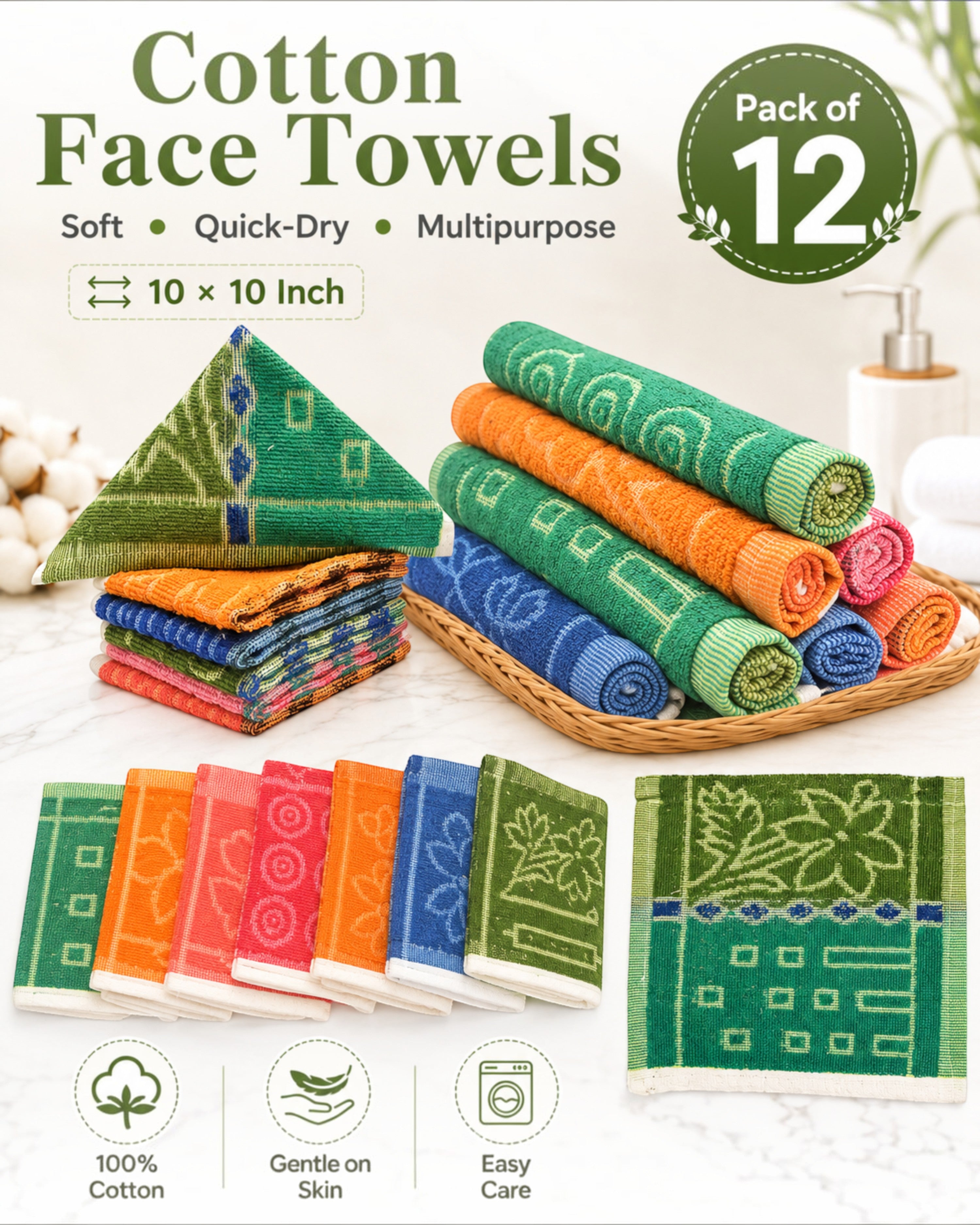Soft Cotton Face Towels for Men, Women & Kids – 10×10 Inch, Pack of 6/12