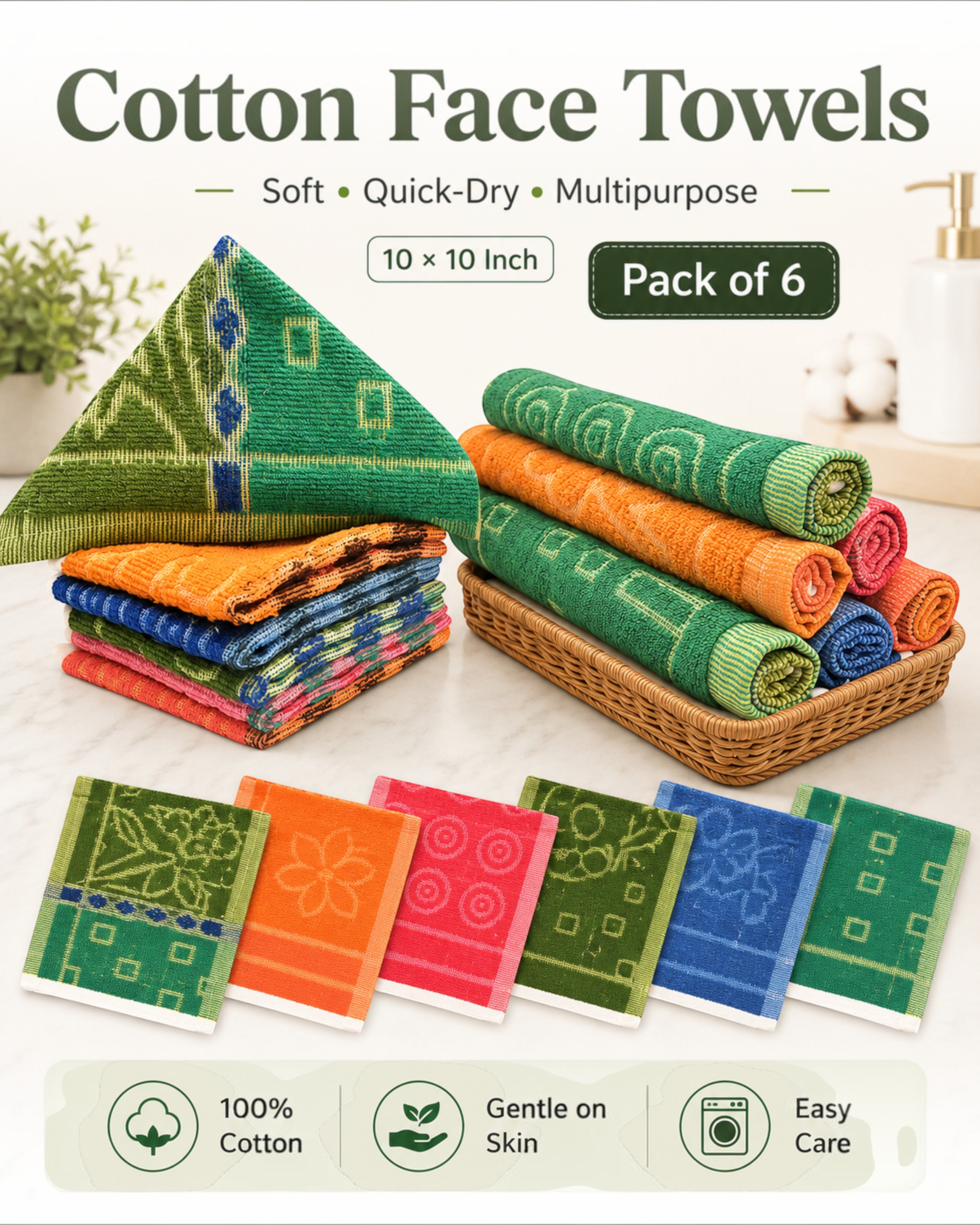 Soft Cotton Face Towels for Men, Women & Kids – 10×10 Inch, Pack of 6/12