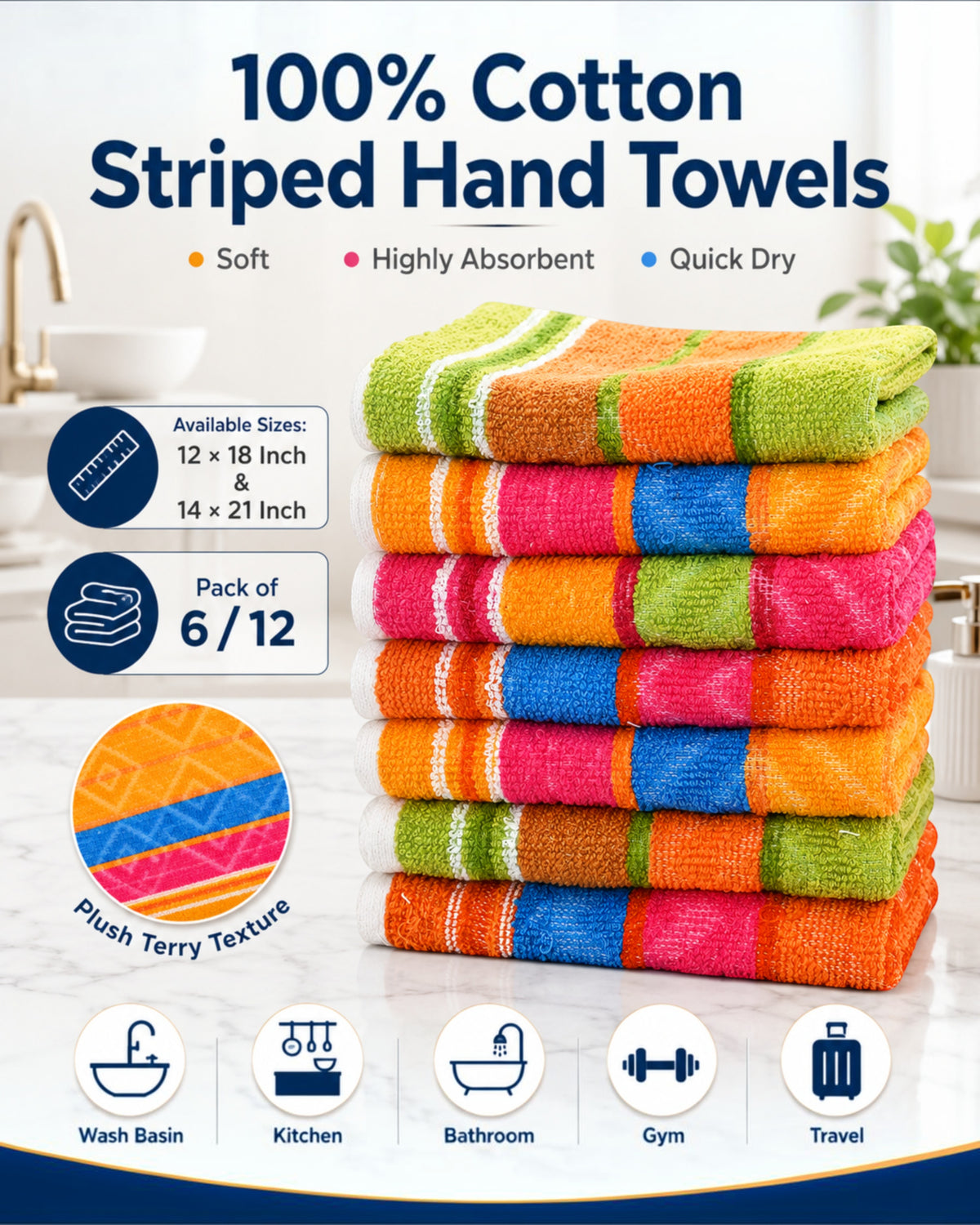 100% Cotton Striped Hand Towels 12×18 Inch – Soft, Highly Absorbent Face and Kitchen Towels in Assorted Colours – Pack of 6 or 12