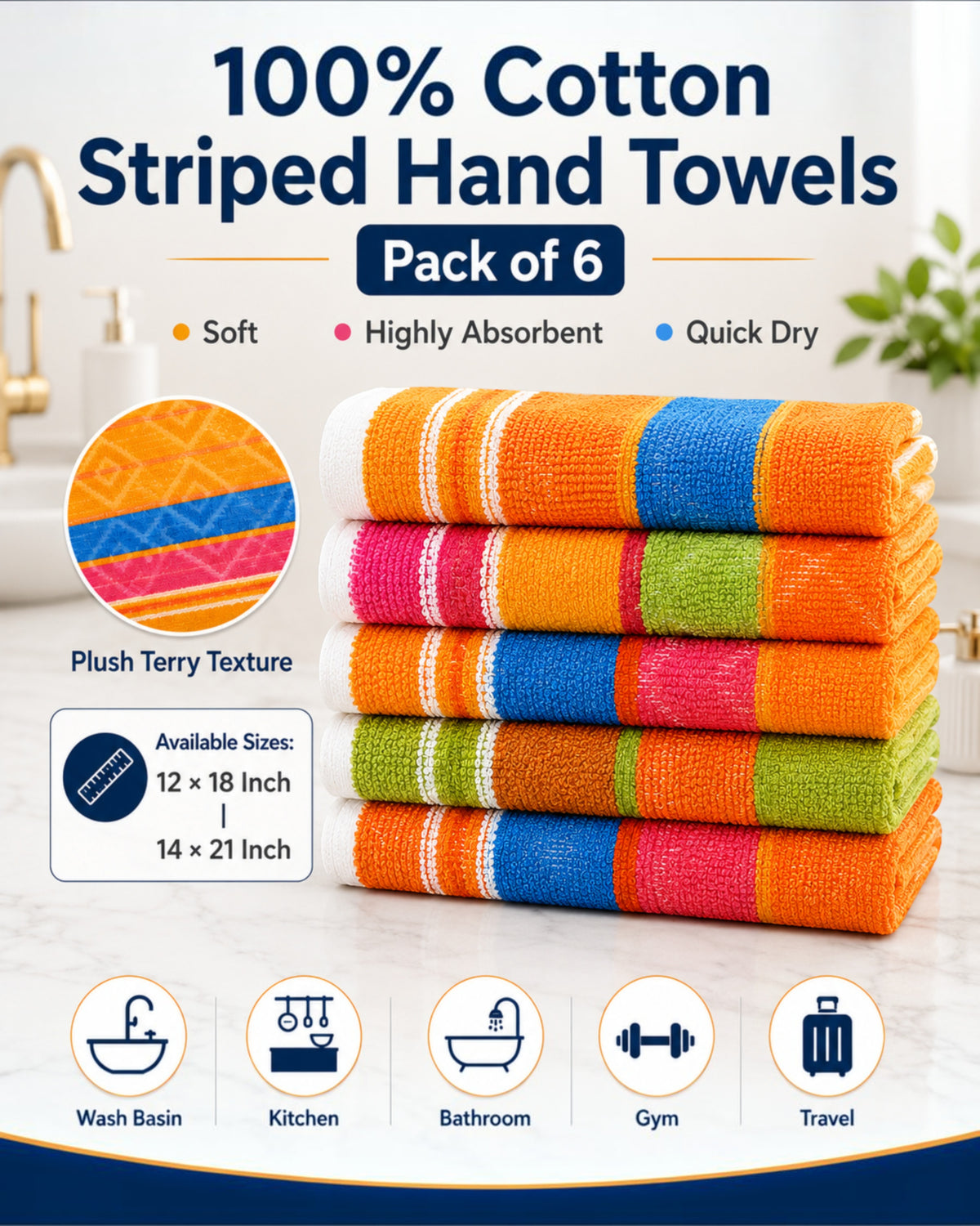 100% Cotton Striped Hand Towels 12×18 Inch – Soft, Highly Absorbent Face and Kitchen Towels in Assorted Colours – Pack of 6 or 12