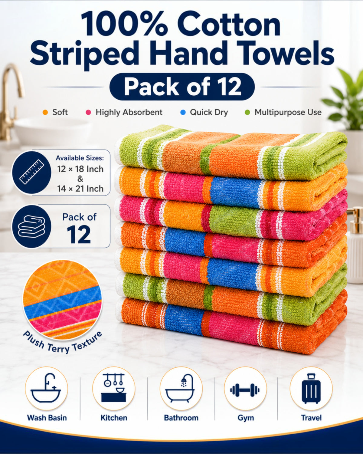 100% Cotton Striped Hand Towels 12×18 Inch – Soft, Highly Absorbent Face and Kitchen Towels in Assorted Colours – Pack of 6 or 12