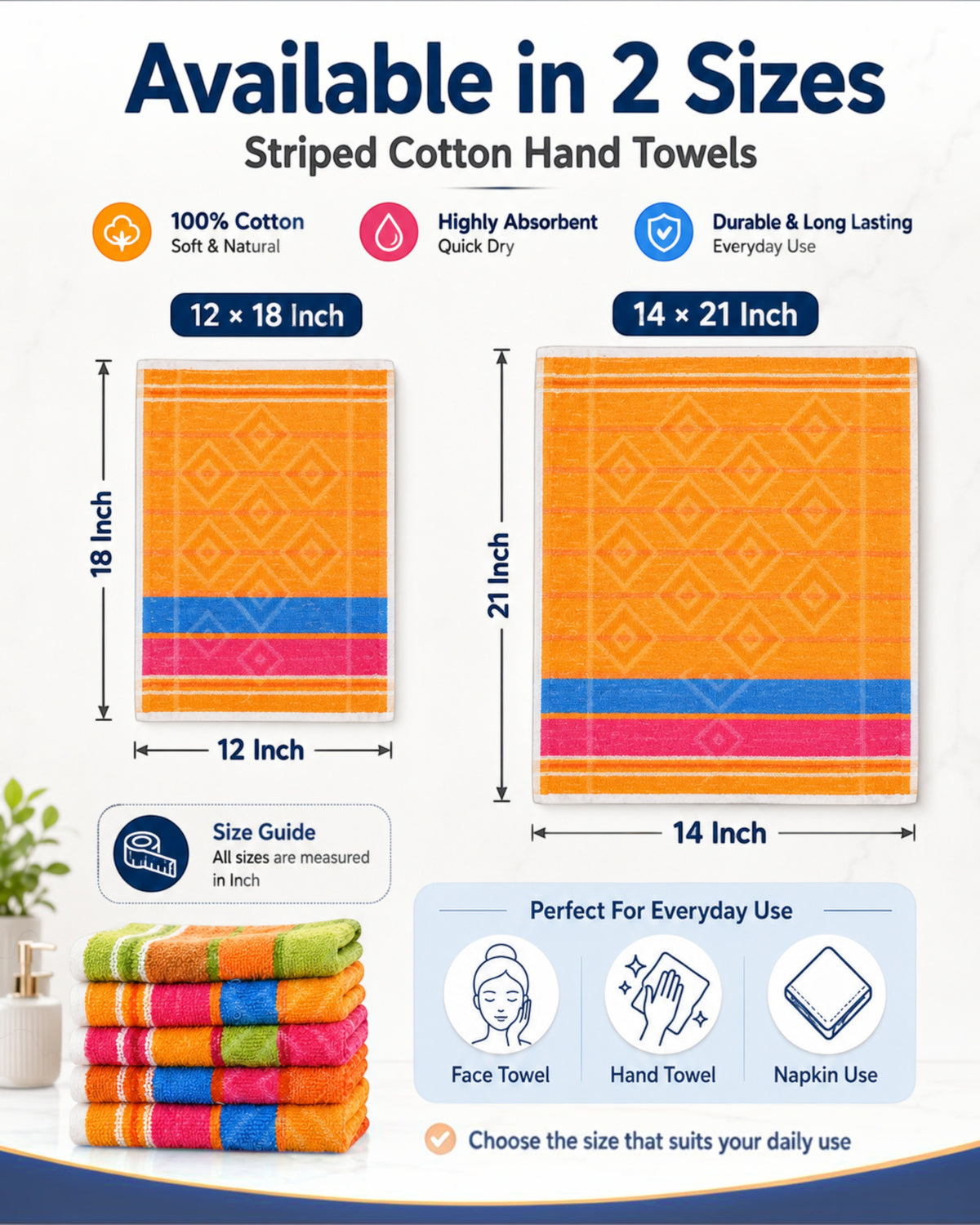 100% Cotton Striped Hand Towels 12×18 Inch – Soft, Highly Absorbent Face and Kitchen Towels in Assorted Colours – Pack of 6 or 12