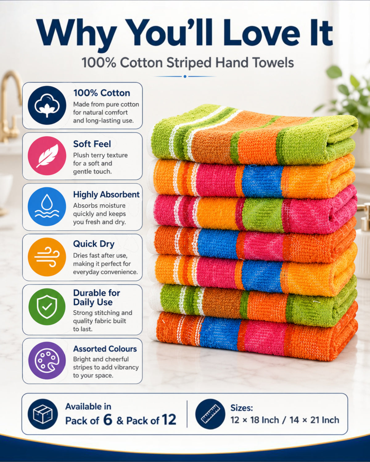100% Cotton Striped Hand Towels 12×18 Inch – Soft, Highly Absorbent Face and Kitchen Towels in Assorted Colours – Pack of 6 or 12