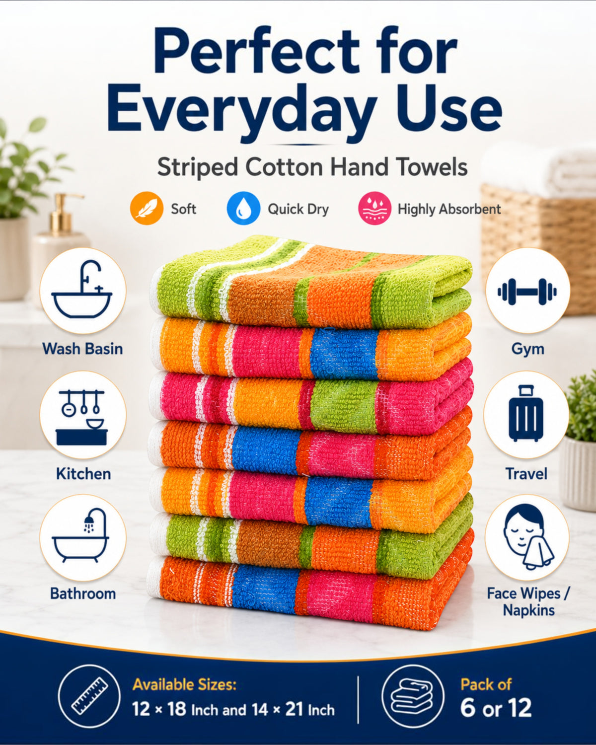 100% Cotton Striped Hand Towels 12×18 Inch – Soft, Highly Absorbent Face and Kitchen Towels in Assorted Colours – Pack of 6 or 12