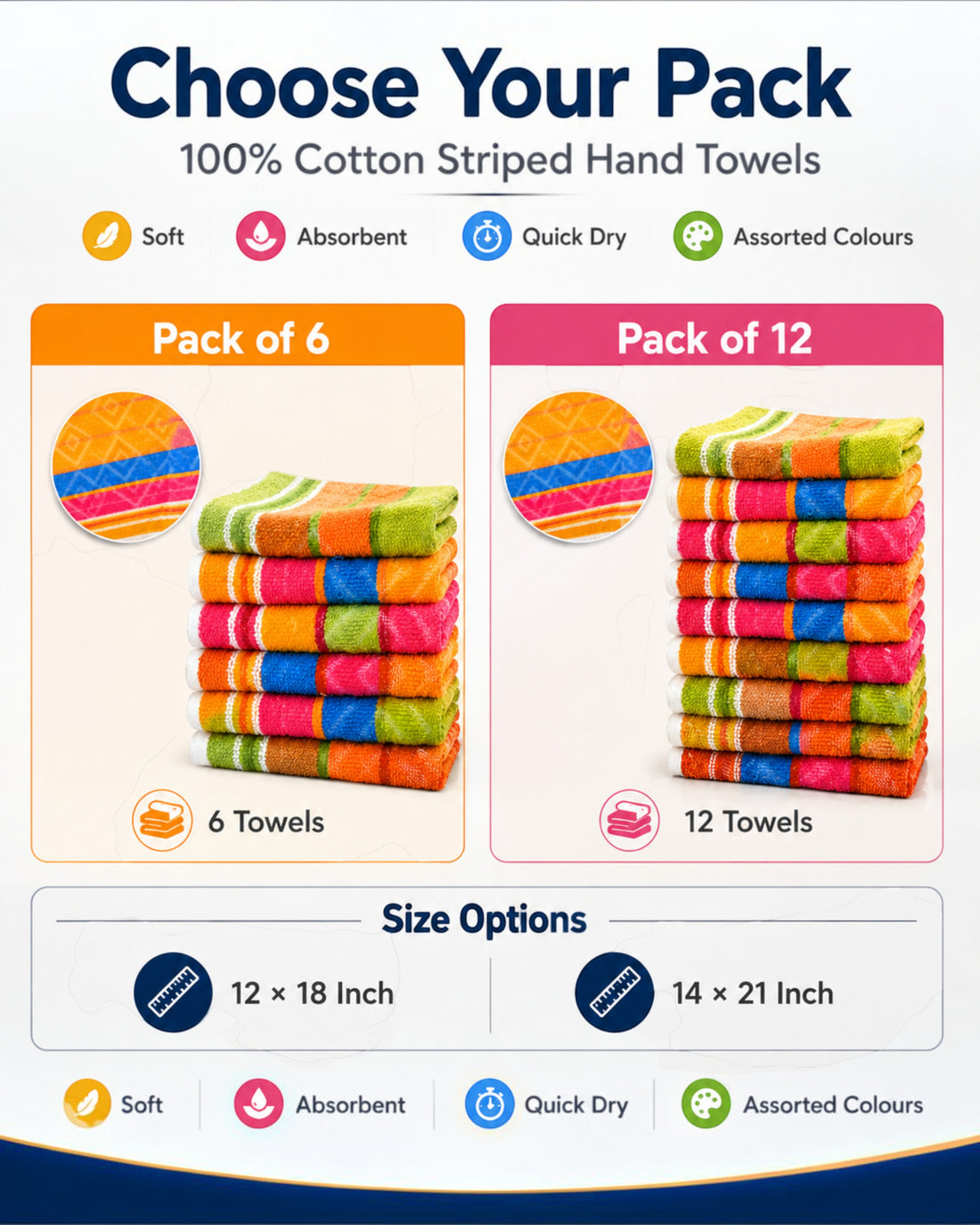 100% Cotton Striped Hand Towels 12×18 Inch – Soft, Highly Absorbent Face and Kitchen Towels in Assorted Colours