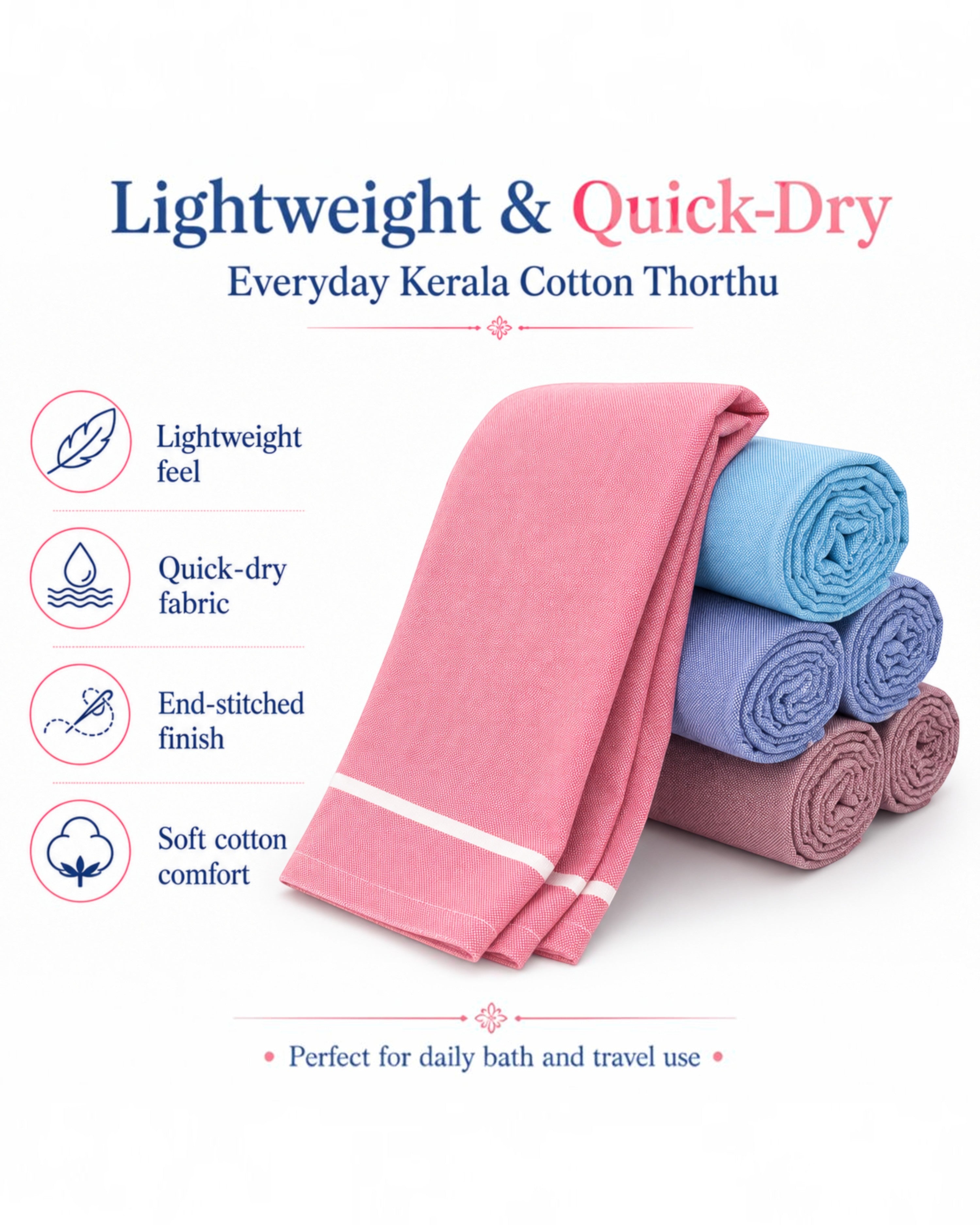 Kerala Cotton Thorthu Gamcha Towels for Men & Women – 30 × 65 Inch – Pack of 2/4