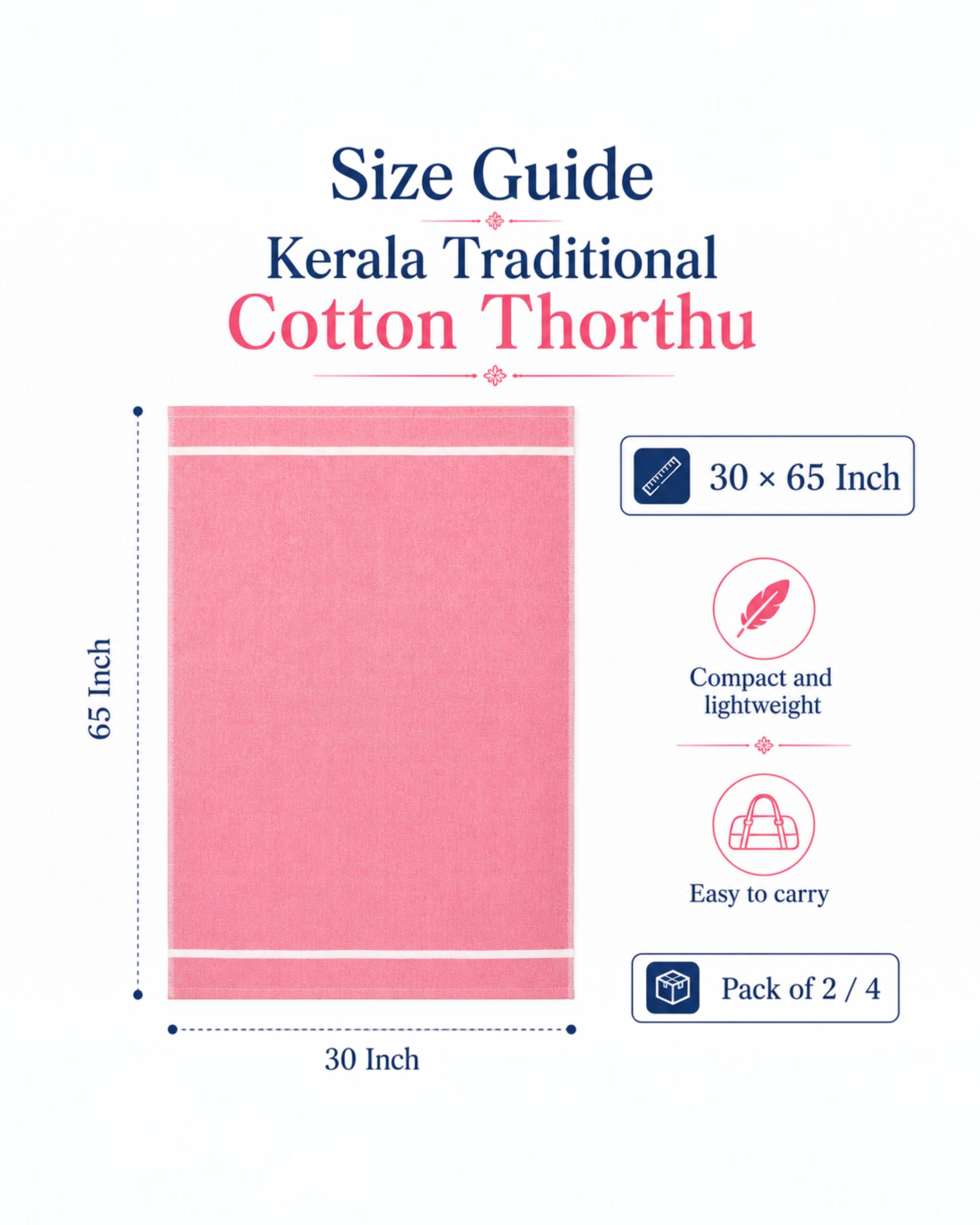 Kerala Cotton Thorthu Gamcha Towels for Men & Women – 30 × 65 Inch – Pack of 2/4