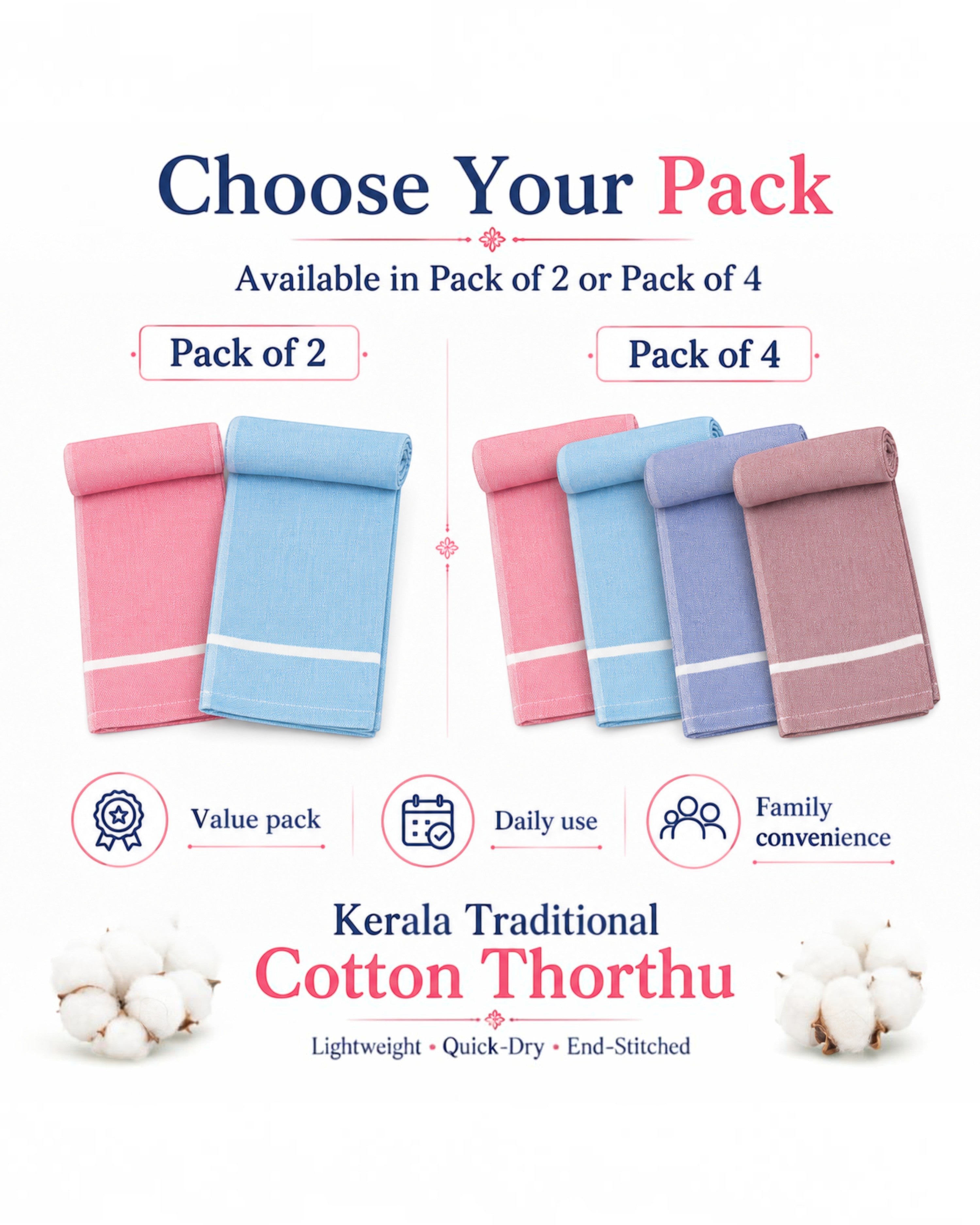 Kerala Cotton Thorthu Gamcha Towels for Men & Women – 30 × 65 Inch – Pack of 2/4