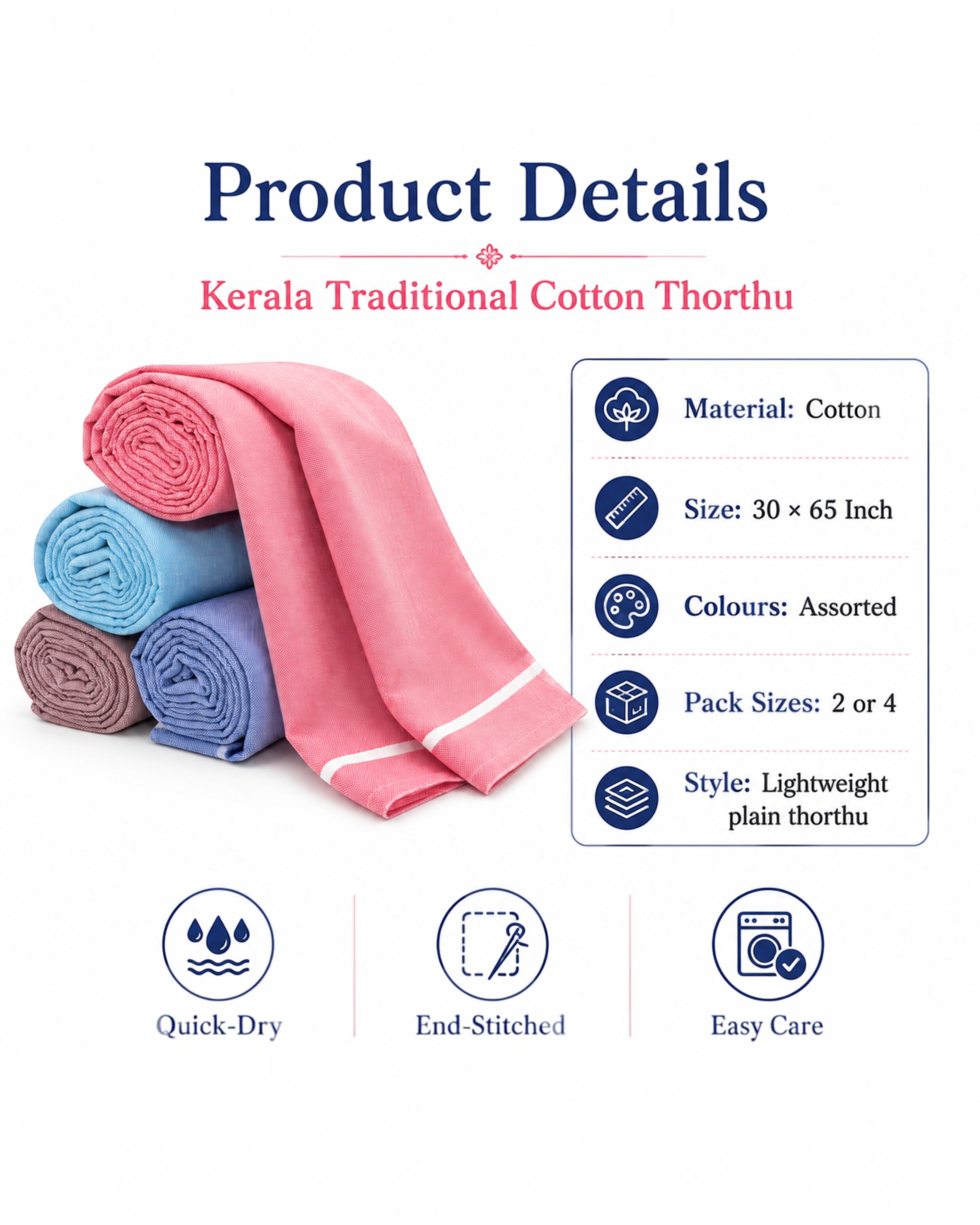 Kerala Cotton Thorthu Gamcha Towels for Men & Women – 30 × 65 Inch – Pack of 2/4
