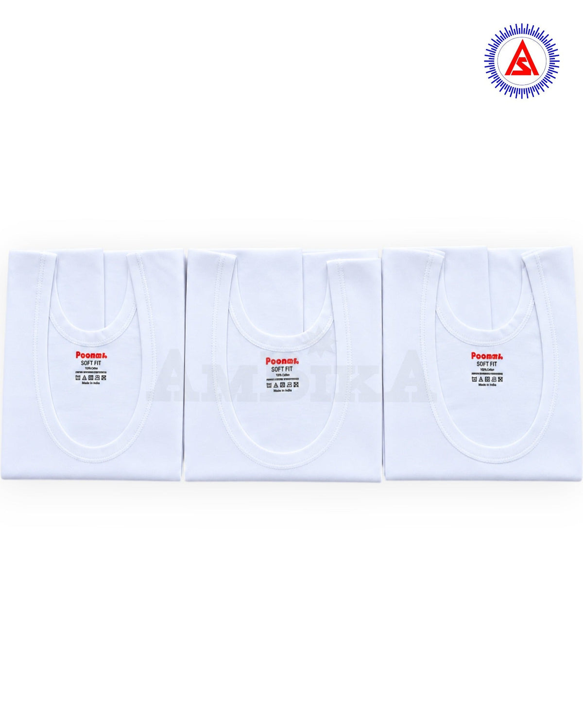 Poomer Soft Fit white cotton round neck sleeveless vests pack of 3