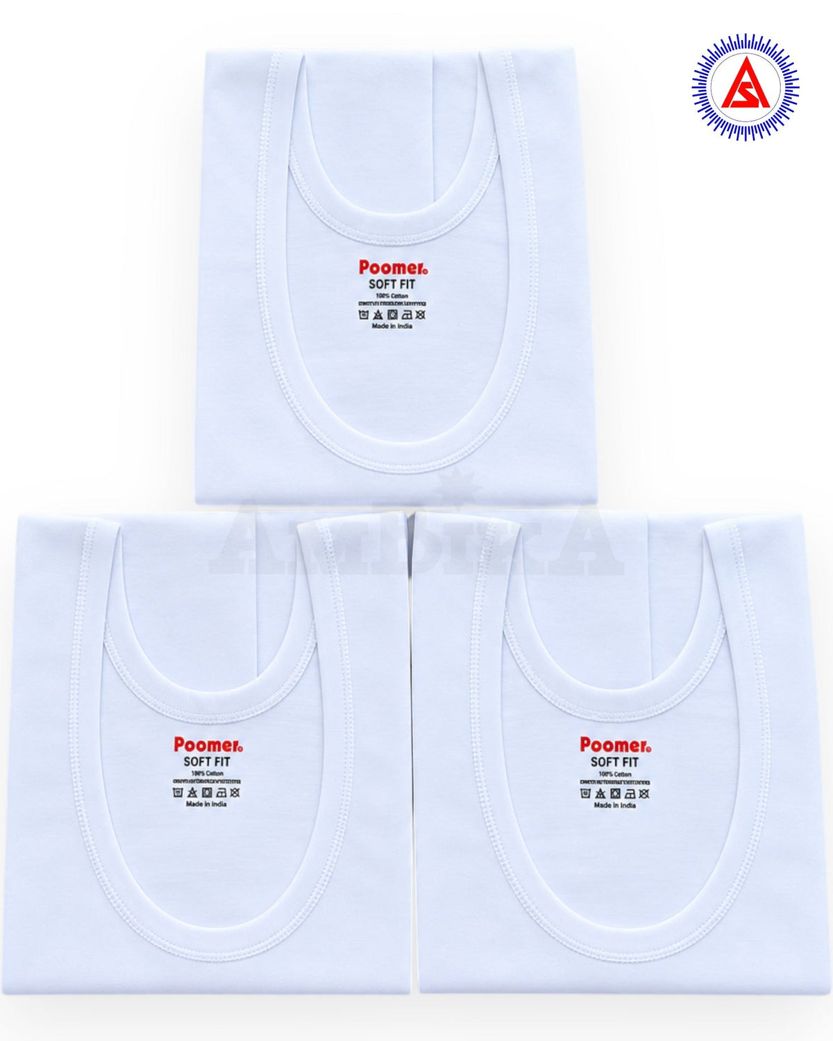 Poomer white cotton round neck vests pack of three folded view