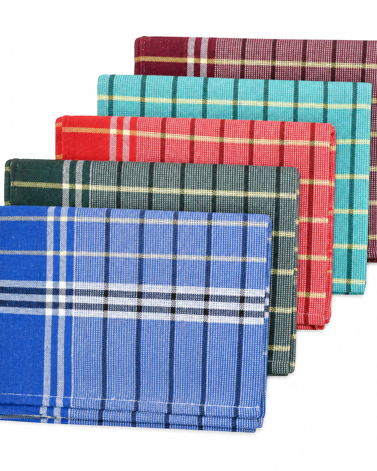 Five folded multicolour checked cotton bath towels for men and women in 30 x 60-inch size