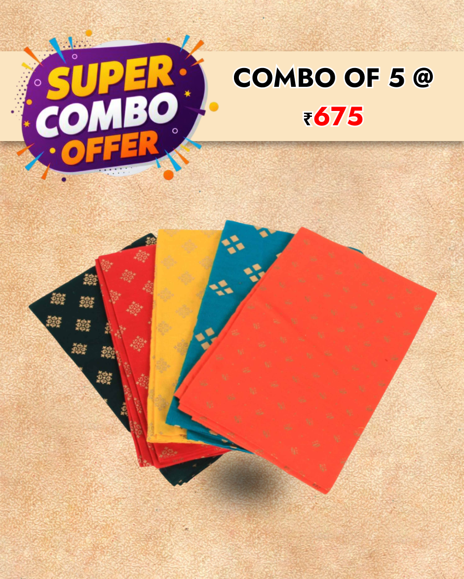 Cotton Blouse Material 1metre | Combo Set of 5 | Gold Printed Blouse