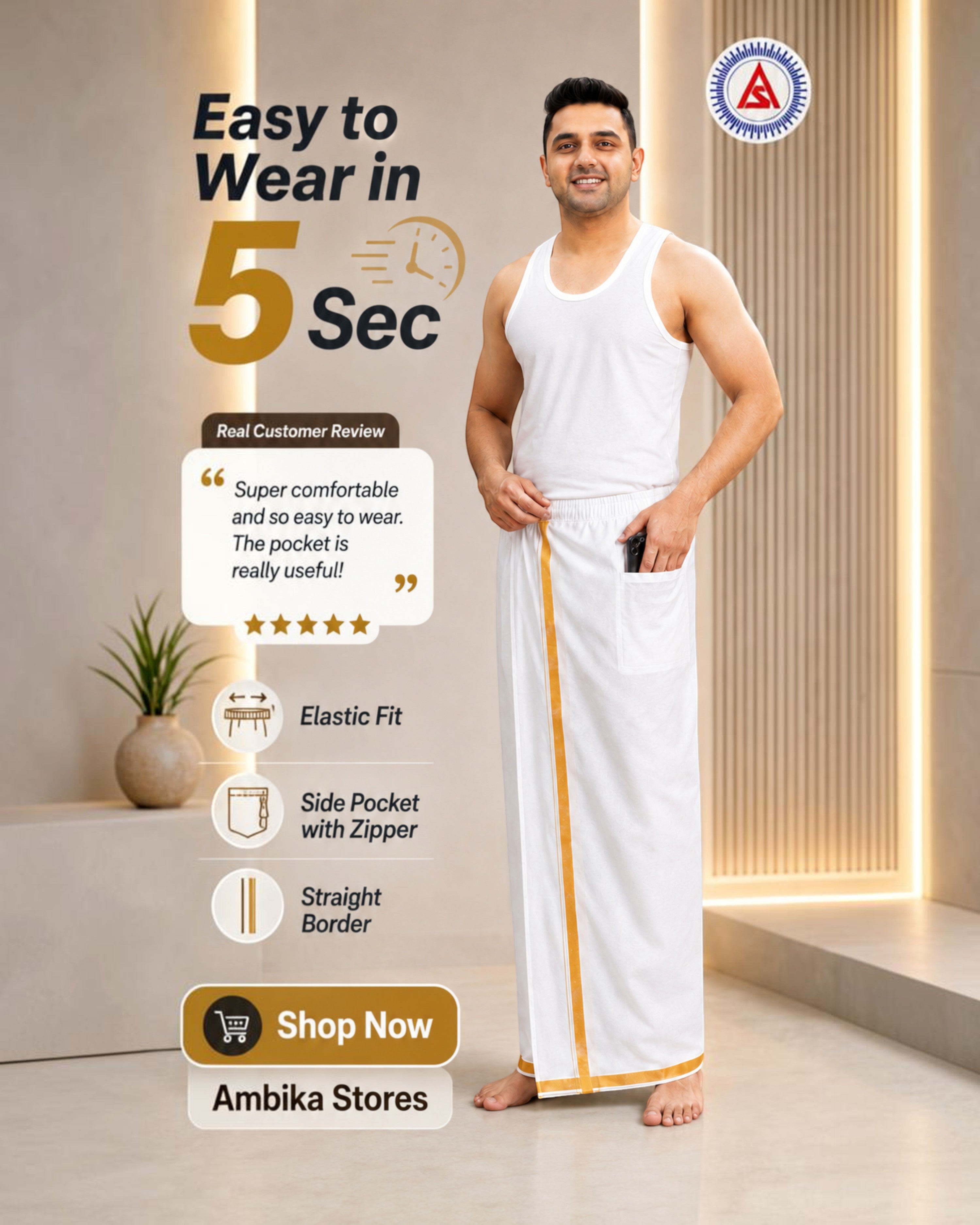 Insta Dhoti for Men – Ready-to-Wear White Dhoti with Gold Border