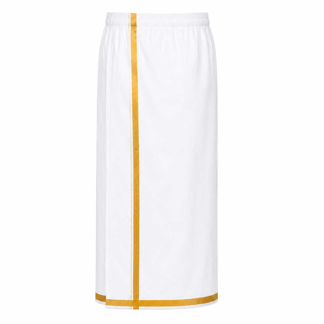 Ready-to-wear white dhoti for men with gold zari border – front view
