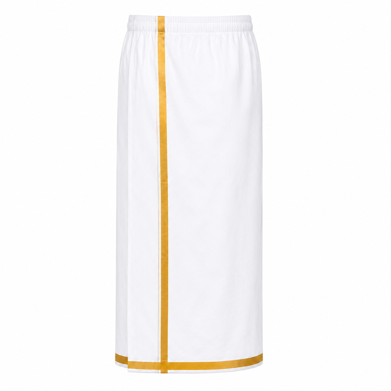 Ready-to-wear white dhoti for men with gold zari border – front view