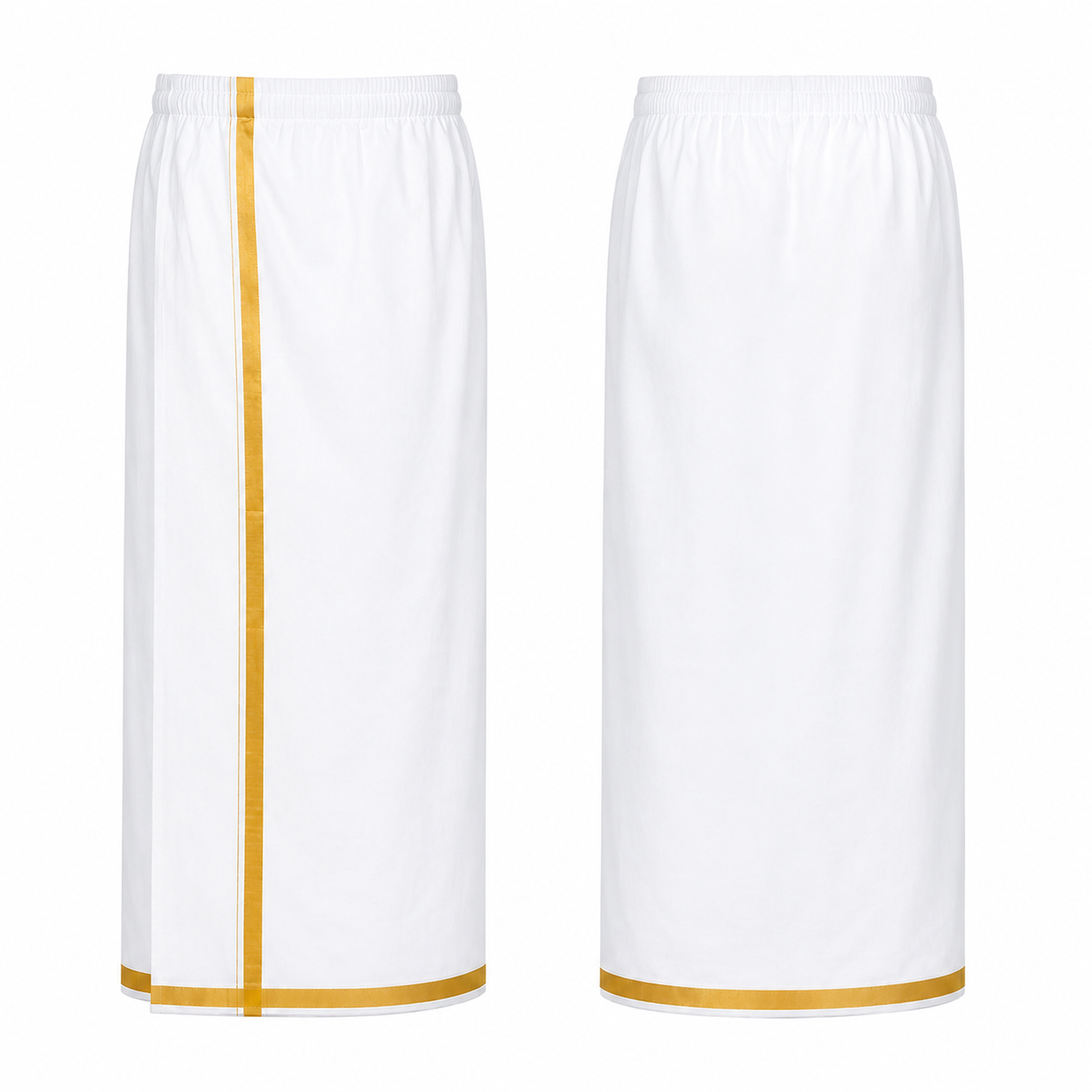 Easy Fit men's white single dhoti with gold border – front and back views