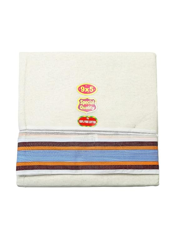 Men’s Cotton Panchakacham 9×5 with Big Ice Cream Border – Unbleached Off-White Dhoti & Towel Set, Dhoti 4 m, Towel 2.2 m