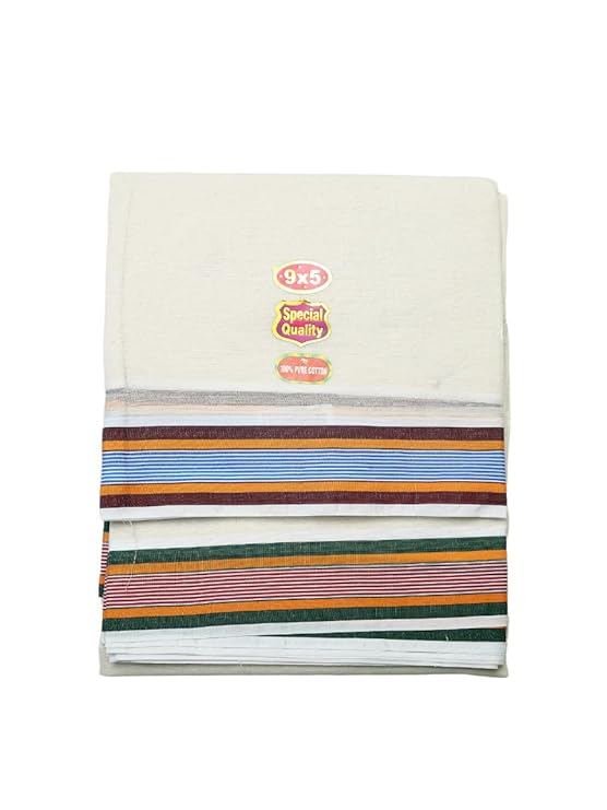 Men’s Cotton Panchakacham 9×5 with Big Ice Cream Border – Unbleached Off-White Dhoti & Towel Set, Dhoti 4 m, Towel 2.2 m