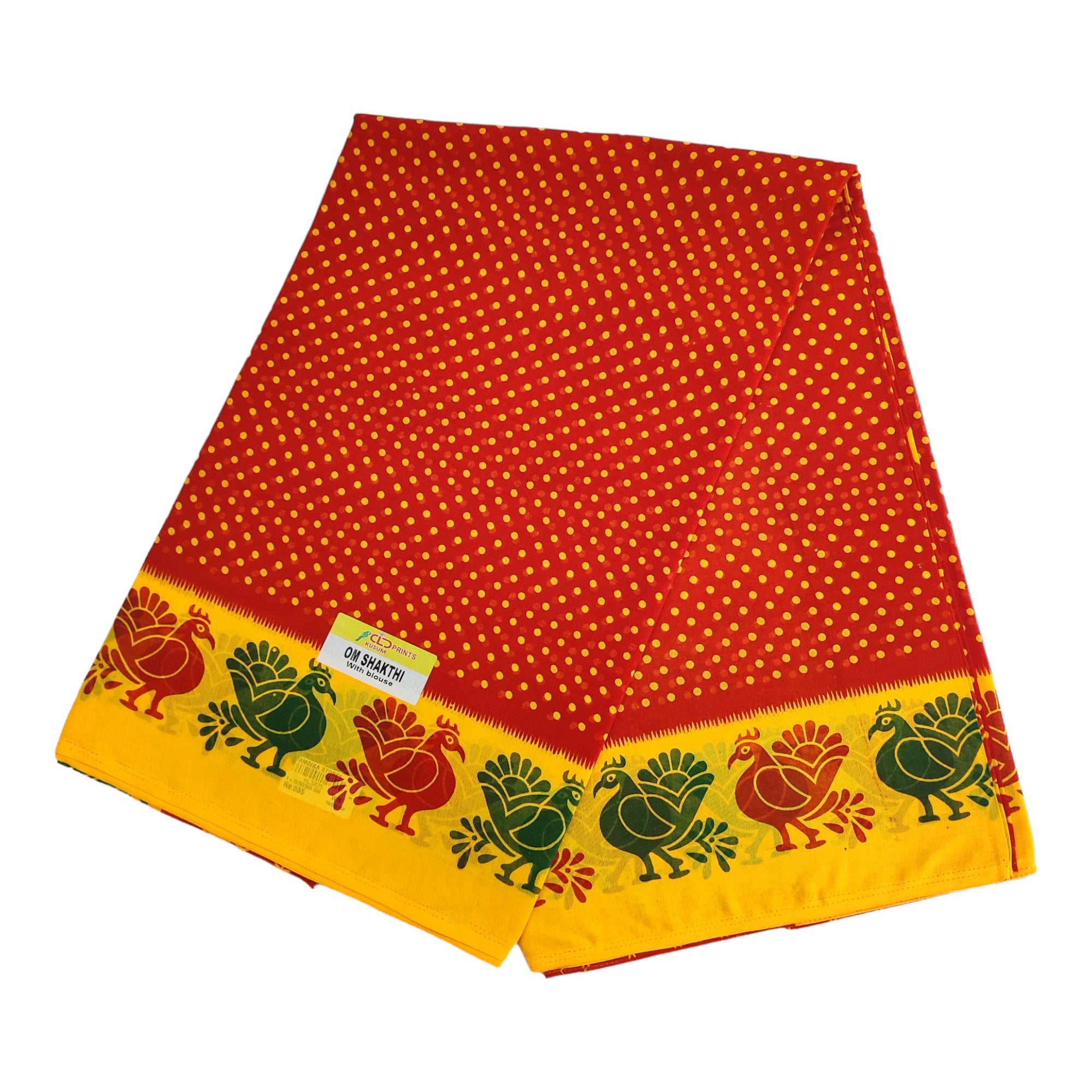 Women's Poly Cotton Printed Mazhai Vaanam Om Skathi Saree, Amman Swamy, Women Saree with Unstitched Blouse Piece