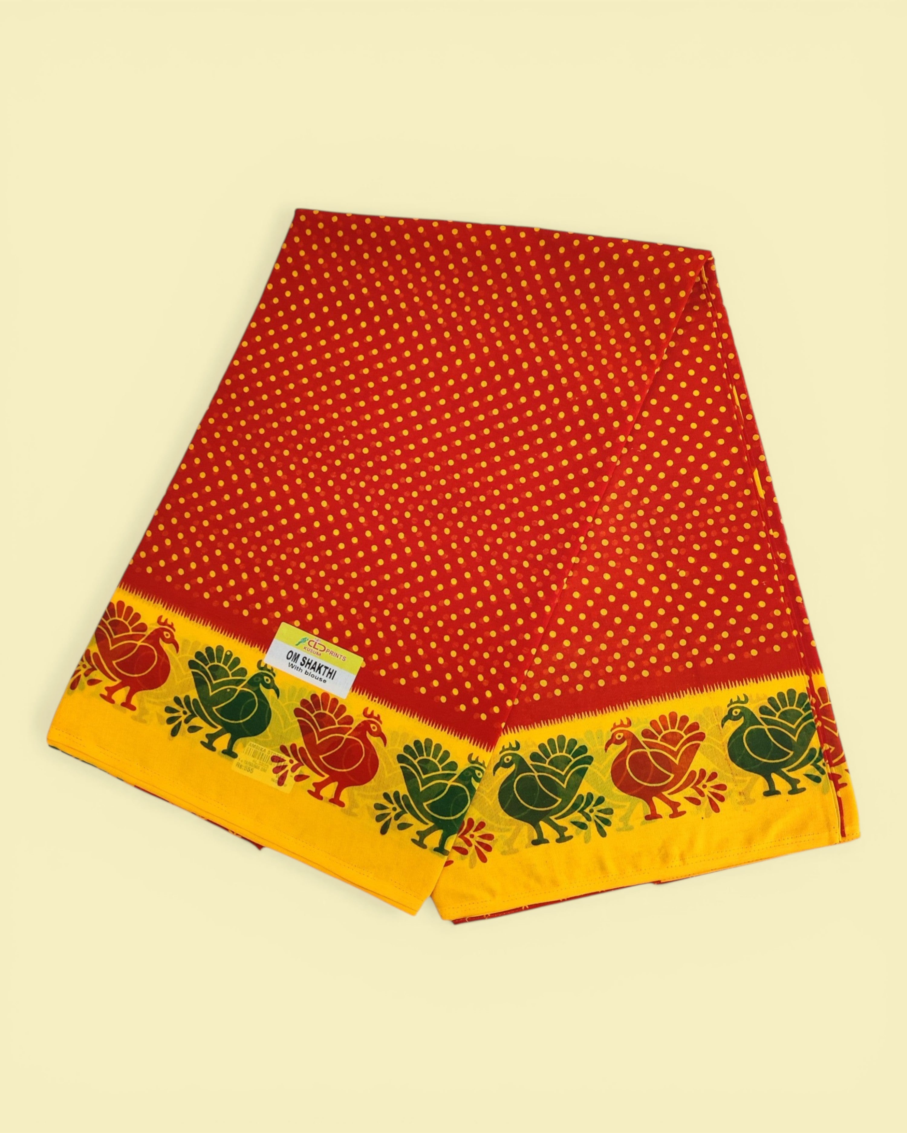 Women's Poly Cotton Printed Mazhai Vaanam Om Skathi Saree, Amman Swamy, Women Saree with Unstitched Blouse Piece