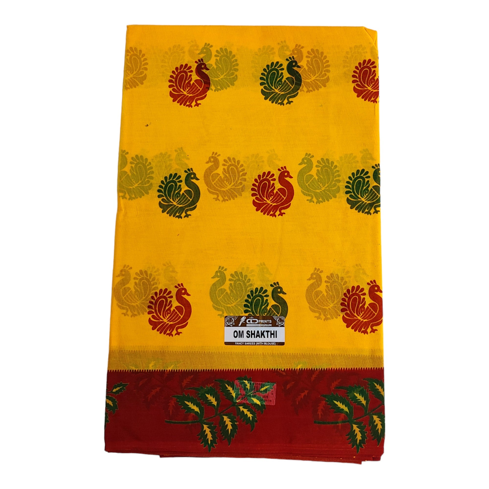 Women's Poly Cotton Printed Mazhai Vaanam Om Skathi Saree, Amman Swamy, Women Saree with Unstitched Blouse Piece