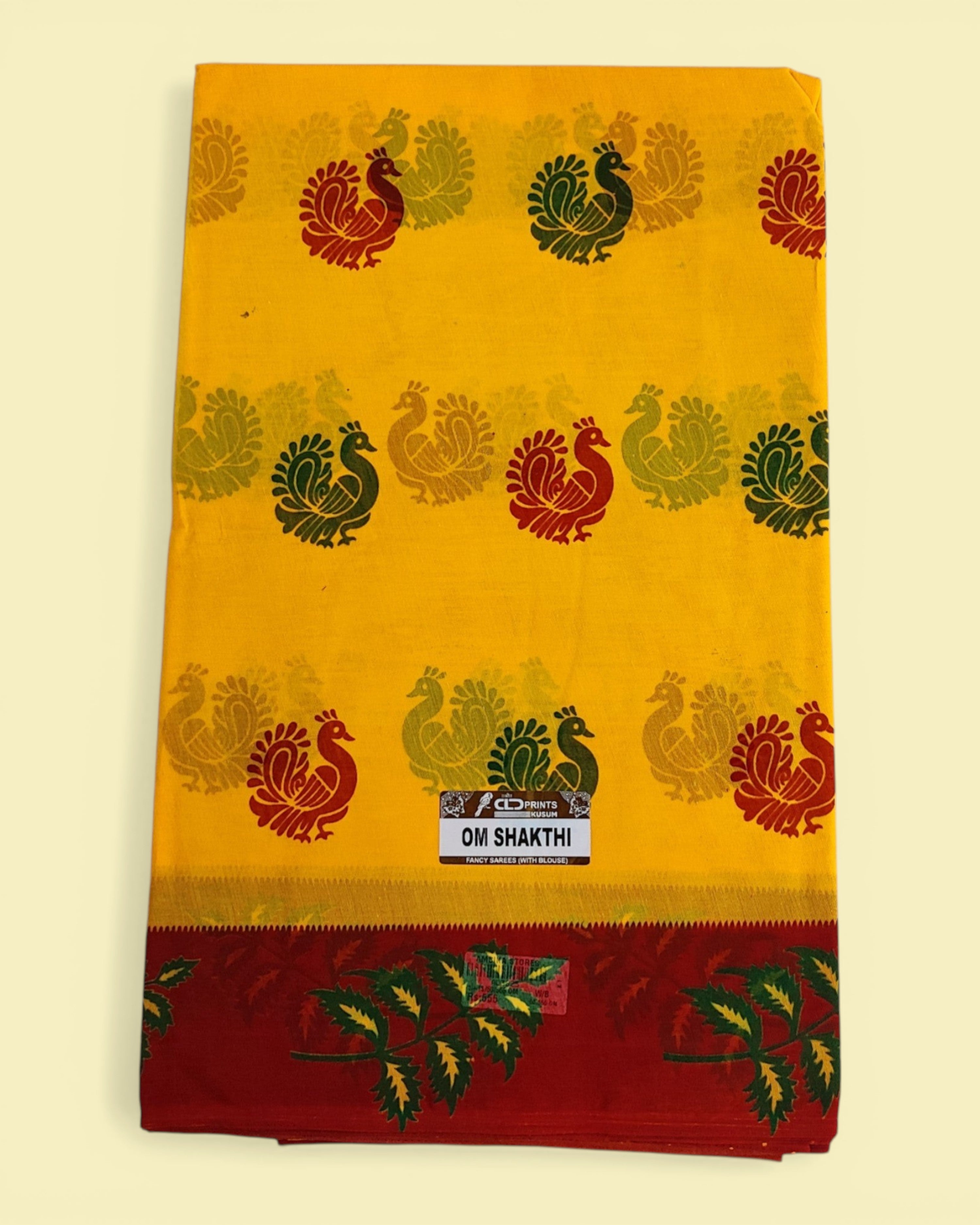 Women's Poly Cotton Printed Mazhai Vaanam Om Skathi Saree, Amman Swamy, Women Saree with Unstitched Blouse Piece